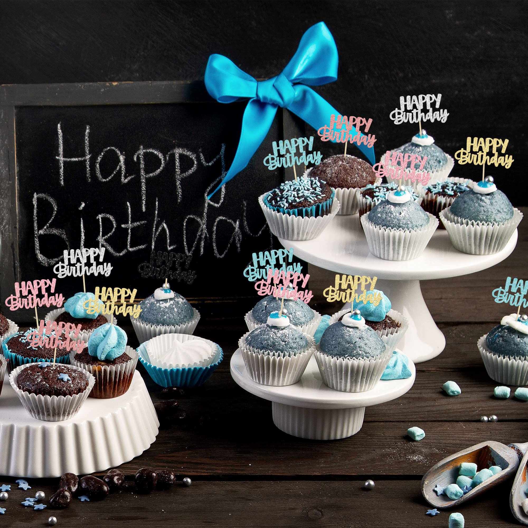 Gyufise 24Pcs Glitter Birthday Cupcake Toppers – 6 Colors, Ready-to-Insert Party Decor