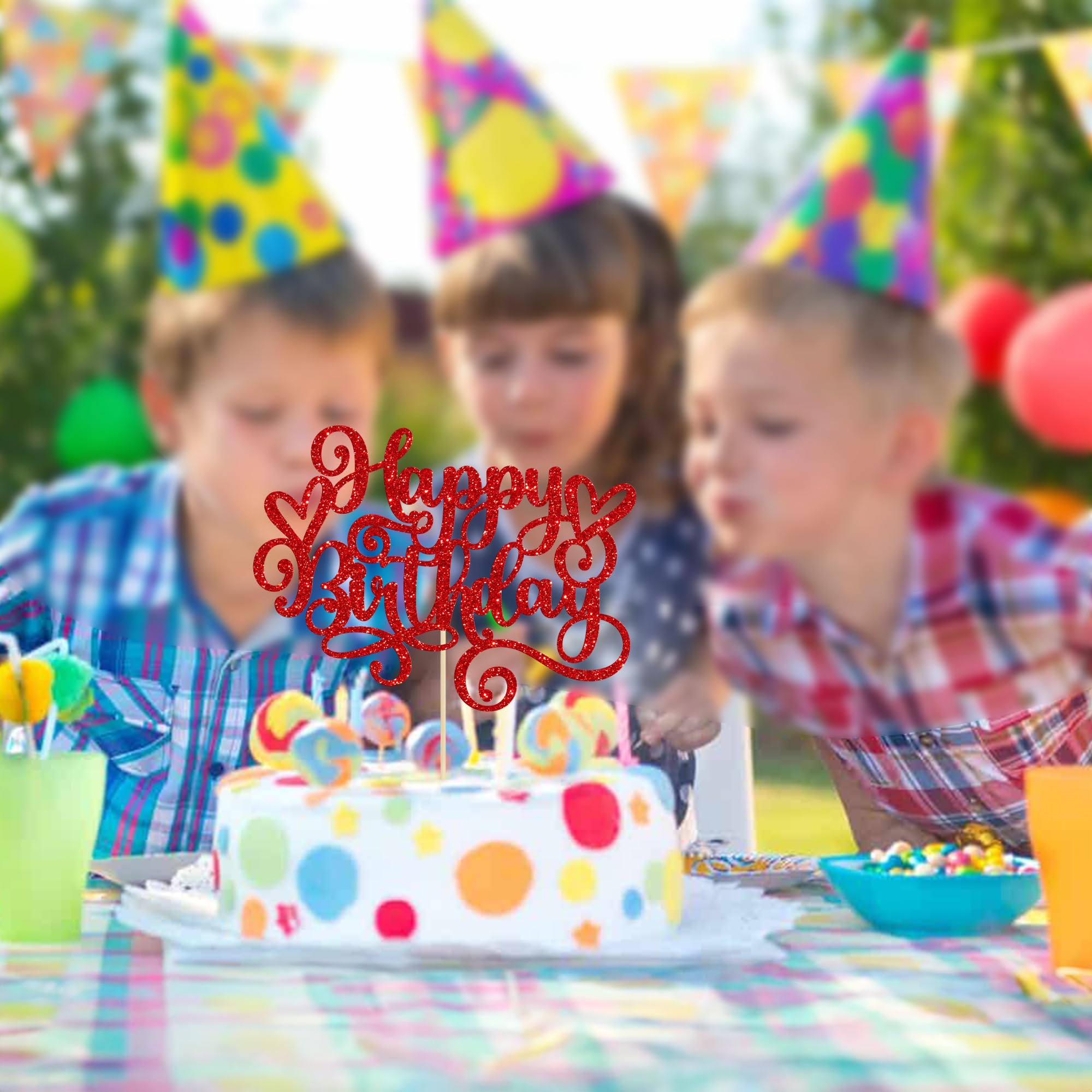 Gyufise Happy Birthday Cake Topper – Red Glitter Cake Pick, 1 Pcs