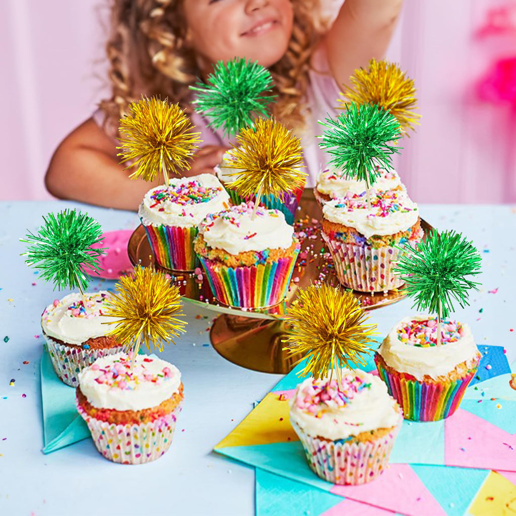 Gyufise 30Pcs Foil Firework Cupcake Toppers – Sparkle Gold & Green Party Picks
