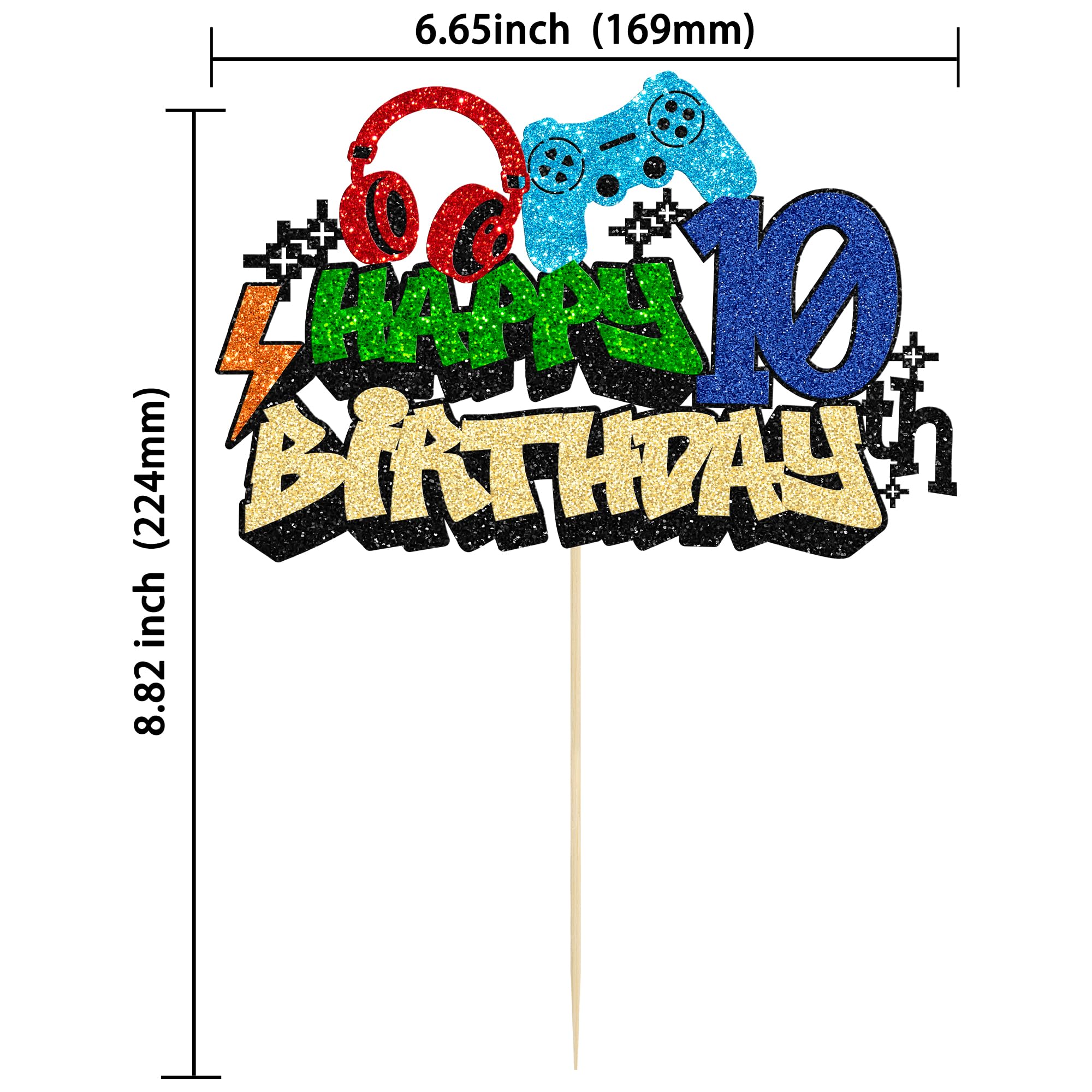 Gyufise Video Game 10th Birthday Cake Topper – Glitter Cake Pick