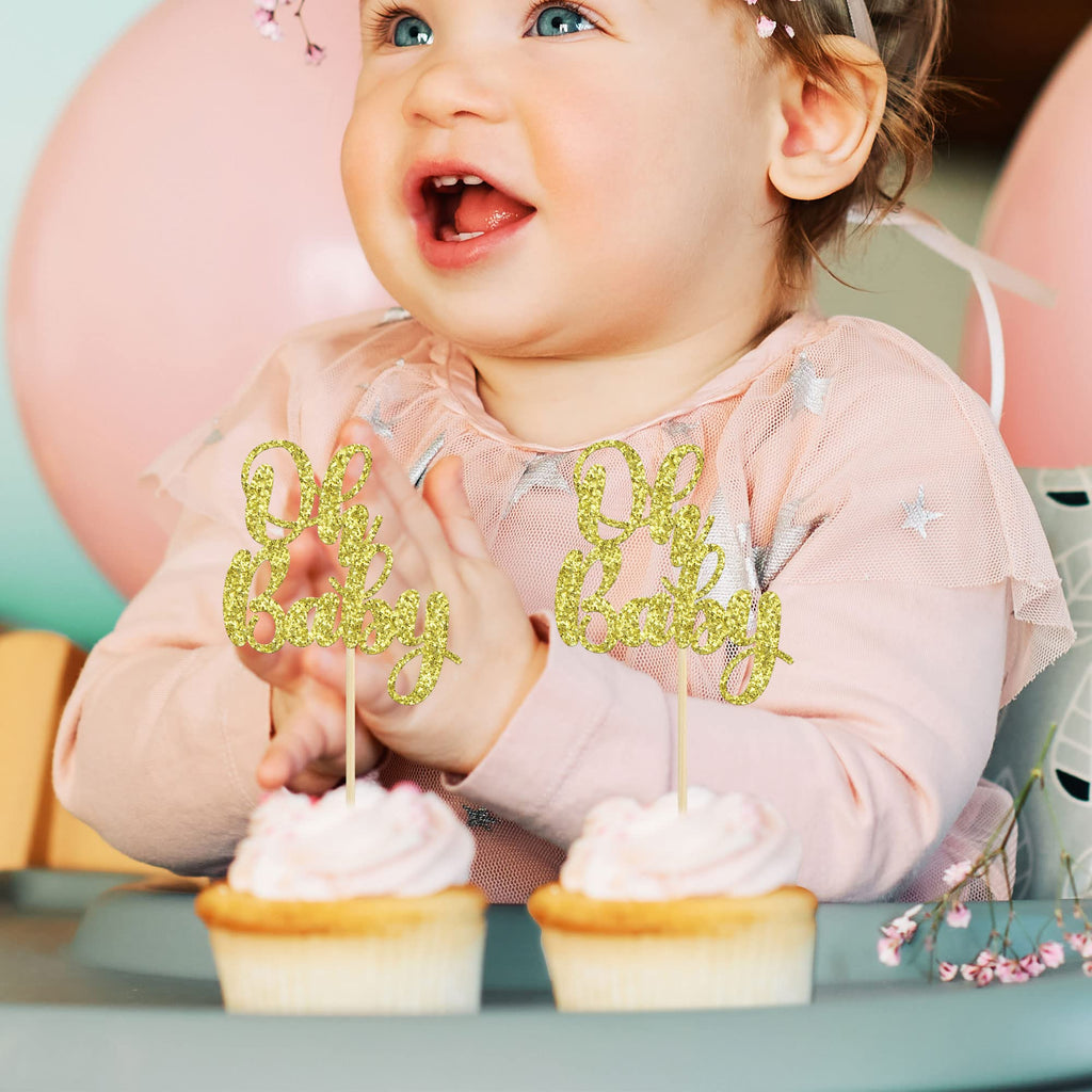 Gyufise 36 Pack Oh Baby Cupcake Toppers – Glitter Gold Cake Decorations for Baby Shower & Birthday