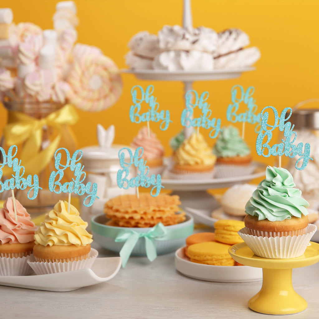 Gyufise 36Pcs Oh Baby Glitter Cupcake Toppers – Light Blue Baby Shower Picks