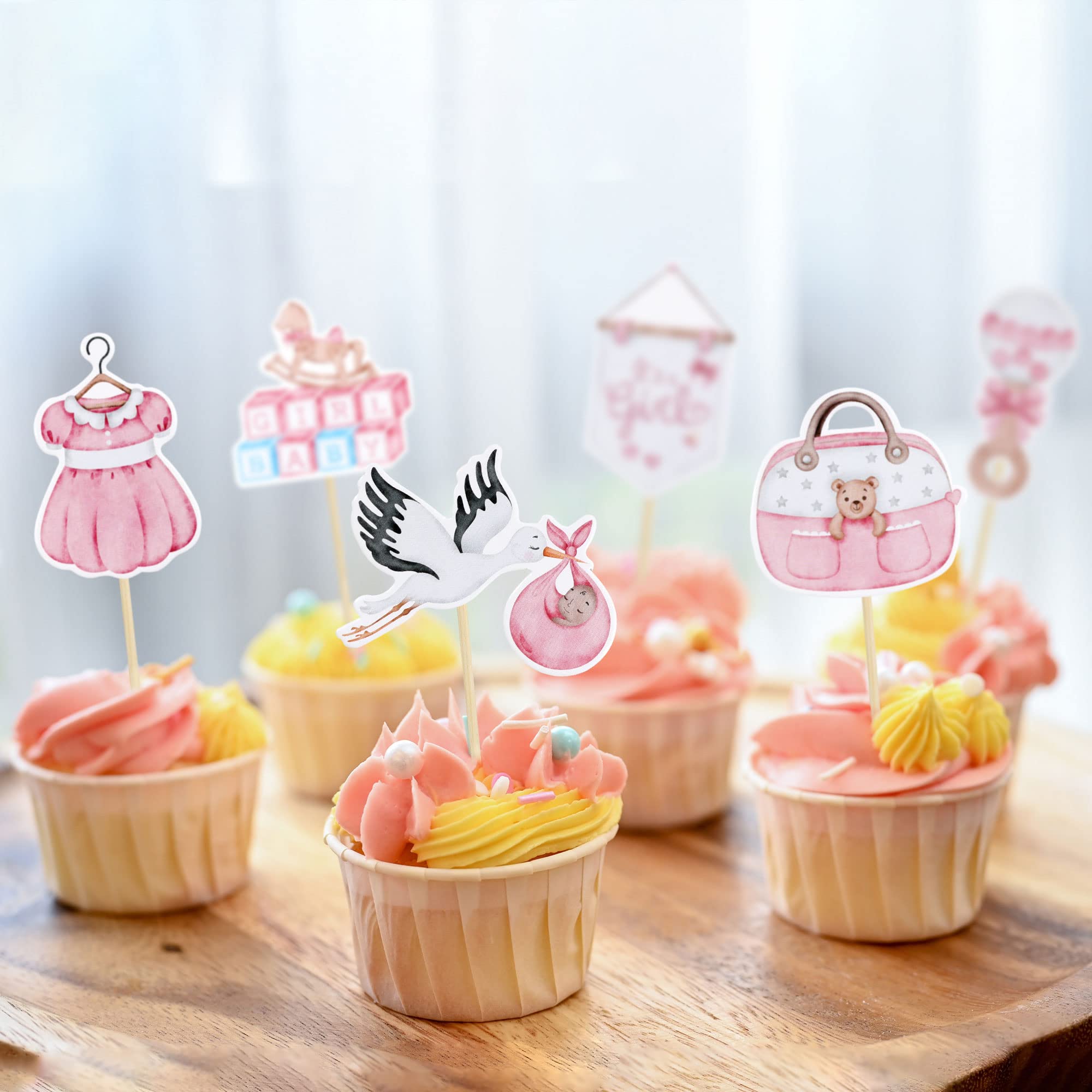 Gyufise 36Pcs Baby Shower Cupcake Toppers – Swan Pacifier Cloud Moon Star Pink