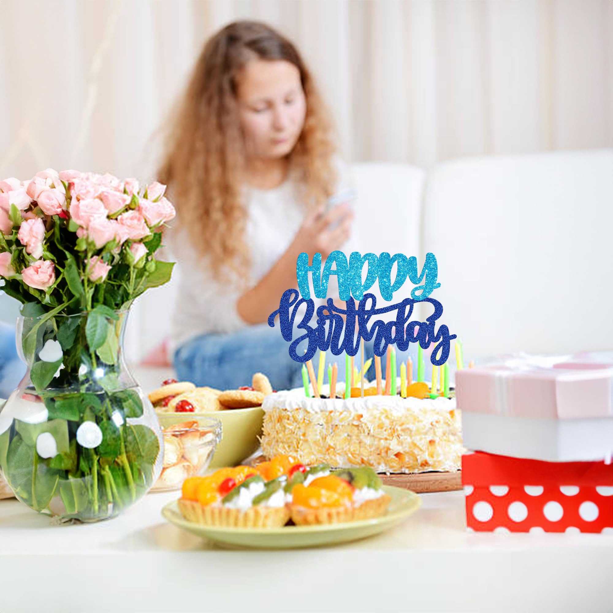 Gyufise Happy Birthday Cake Topper Glitter Blue - 1 Piece Cake Decoration Pick