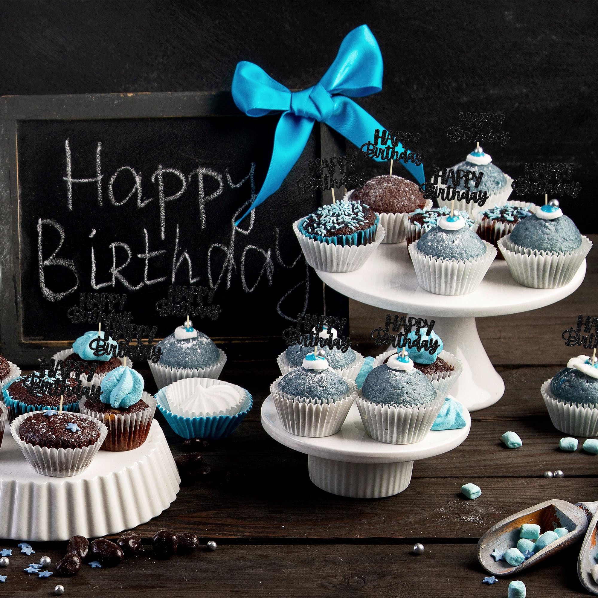 Gyufise Black Glitter Happy Birthday Cupcake Toppers – 24-Pack Cake Decorations