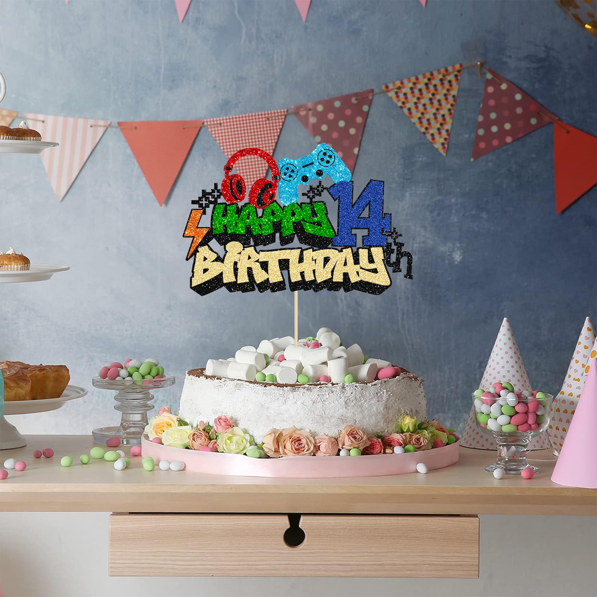Gyufise Happy 14th Birthday Cake Topper – Glitter Video Game Cake Pick, Game On