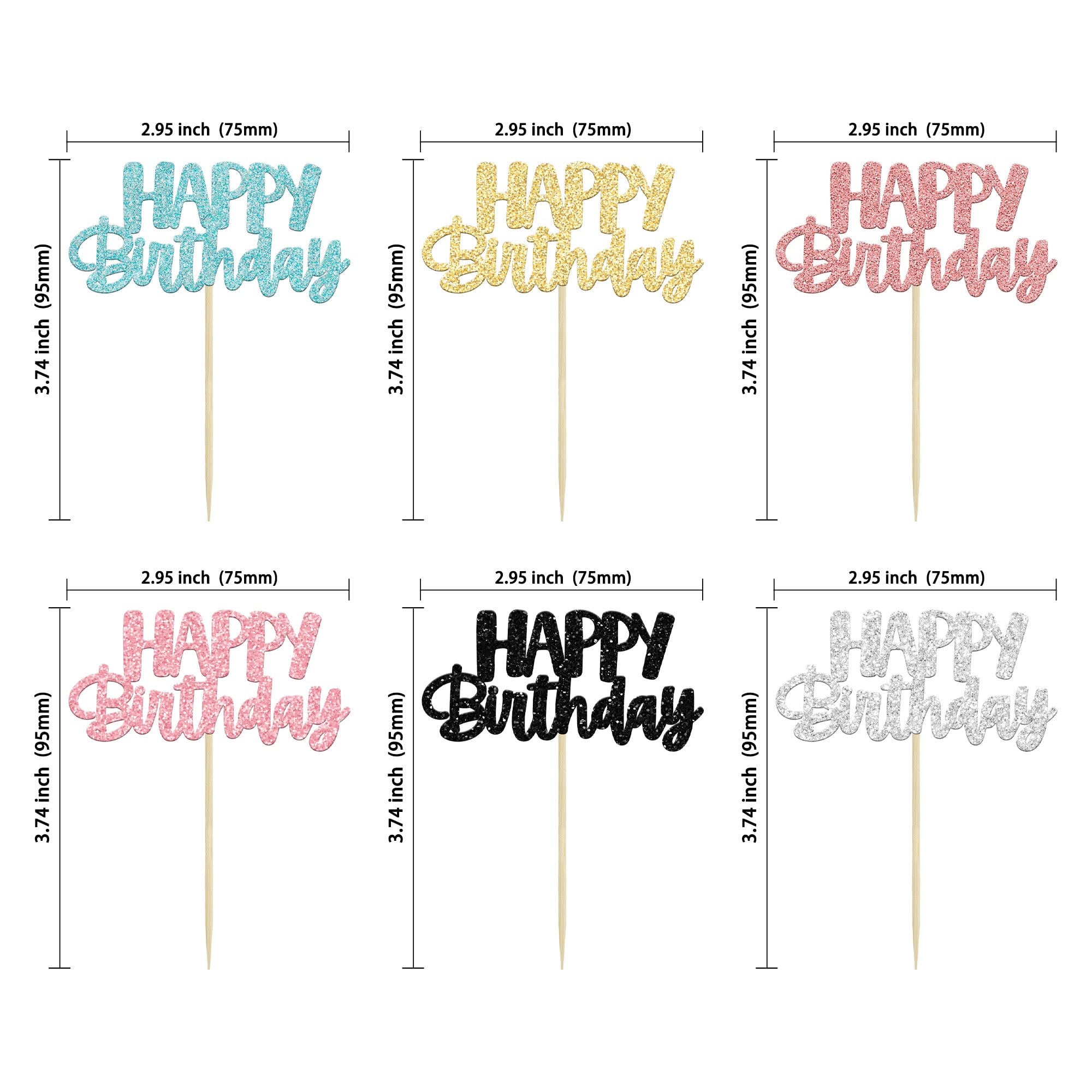 Gyufise 24Pcs Glitter Birthday Cupcake Toppers – 6 Colors, Ready-to-Insert Party Decor
