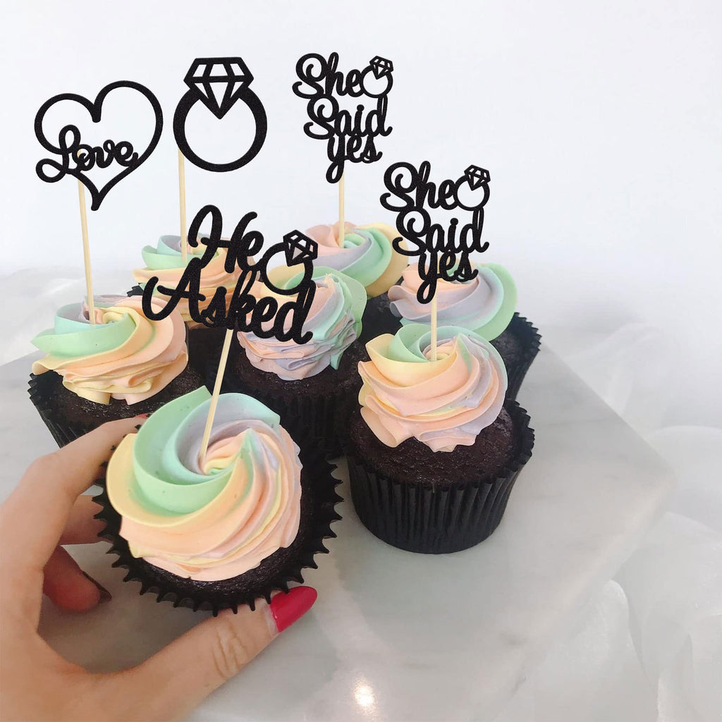 Gyufise 24 Pack Black Glitter He Asked She Said Yes Cupcake Toppers | Wedding & Bridal Shower Decor