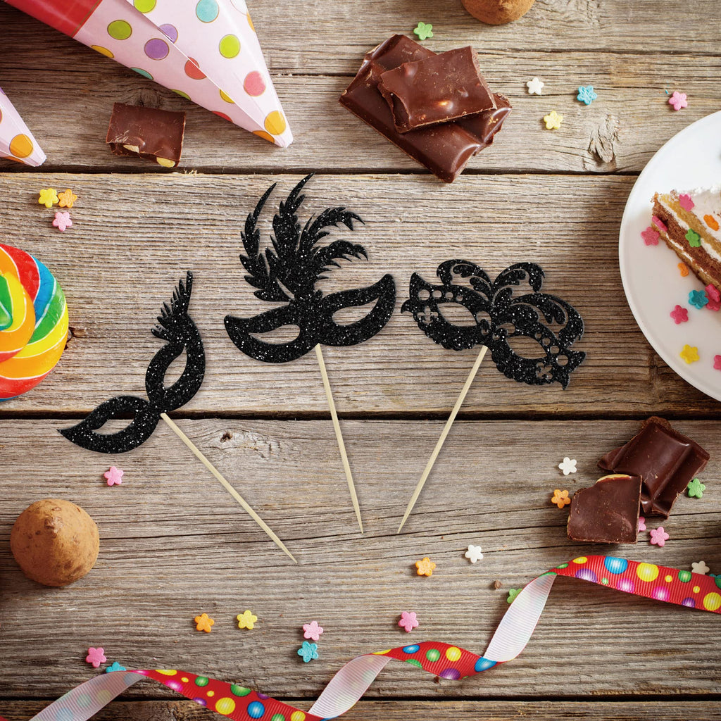 Gyufise 24Pcs Masquerade Masks Cupcake Toppers – Glitter Party Picks for Cakes & Desserts