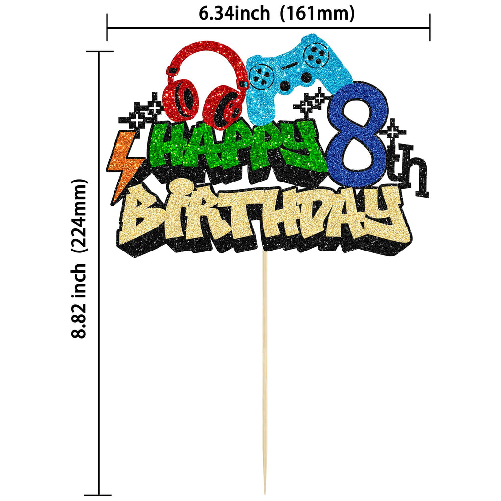 Gyufise 8th Birthday Video Game Cake Topper – Glitter Controllers for Boys Party Decor