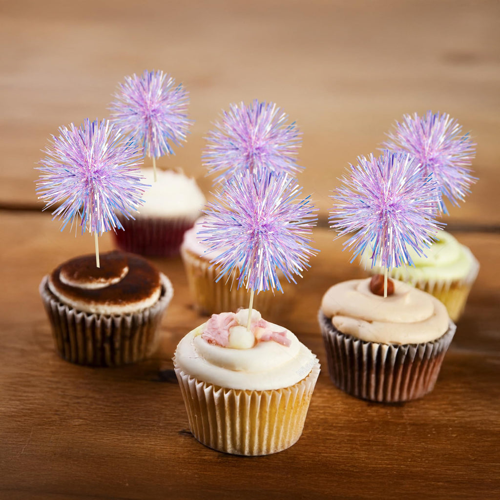 Gyufise 30Pcs Foil Firework Cupcake Toppers – Laser Purple Sparkle