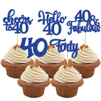 Gyufise 24Pcs Happy 40th Birthday Cupcake Toppers – Deep Blue Glitter, Cheers to 40 Years Old Party Decor