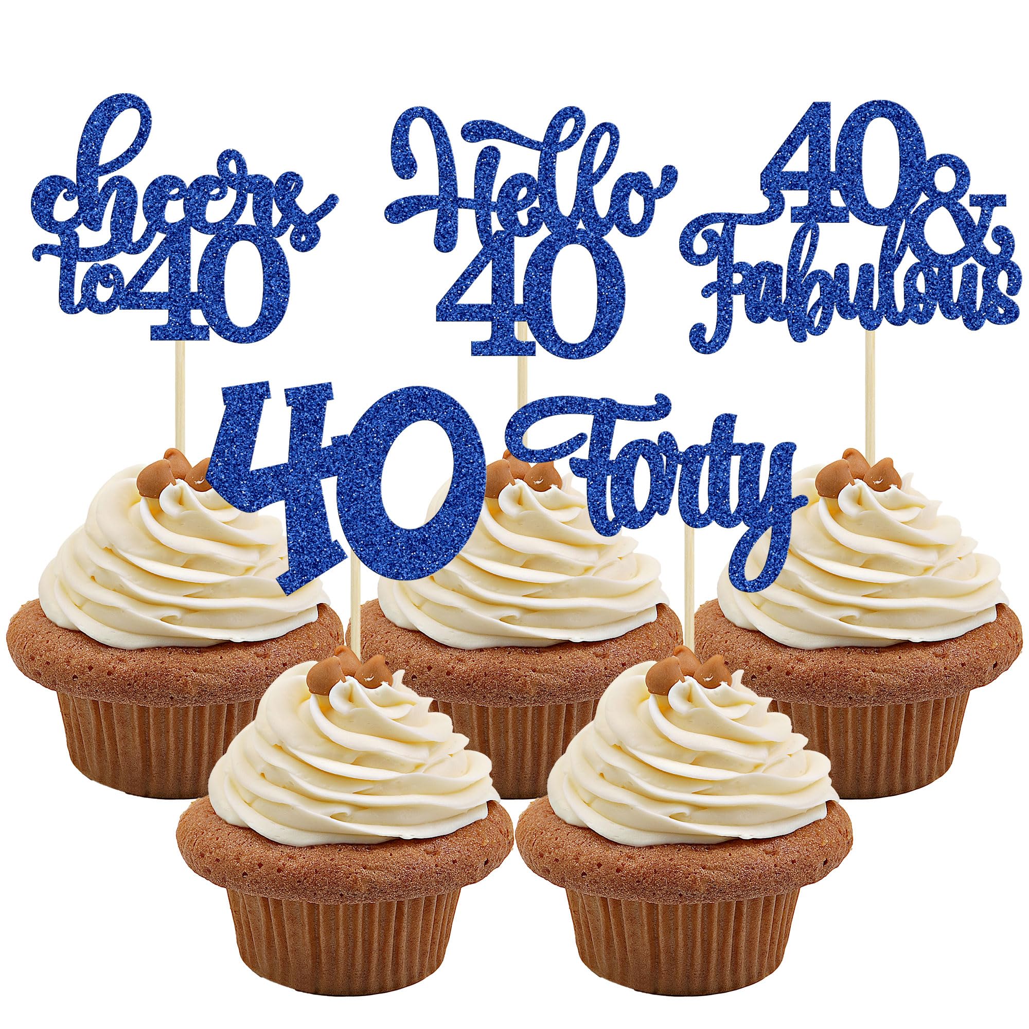 Gyufise 24Pcs Happy 40th Birthday Cupcake Toppers – Deep Blue Glitter, Cheers to 40 Years Old Party Decor