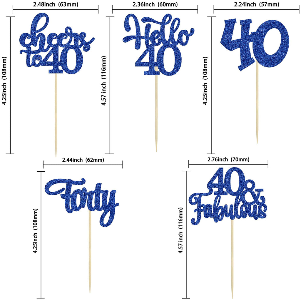 Gyufise 24Pcs Happy 40th Birthday Cupcake Toppers – Deep Blue Glitter, Cheers to 40 Years Old Party Decor