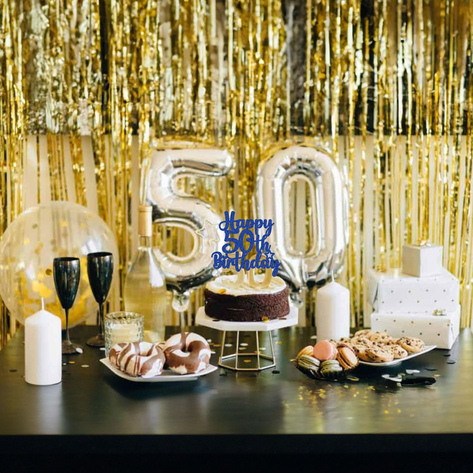 Gyufise Happy 50th Birthday Cake Topper – Blue Glitter, 50 & Fabulous Cheers to 50 Years Old