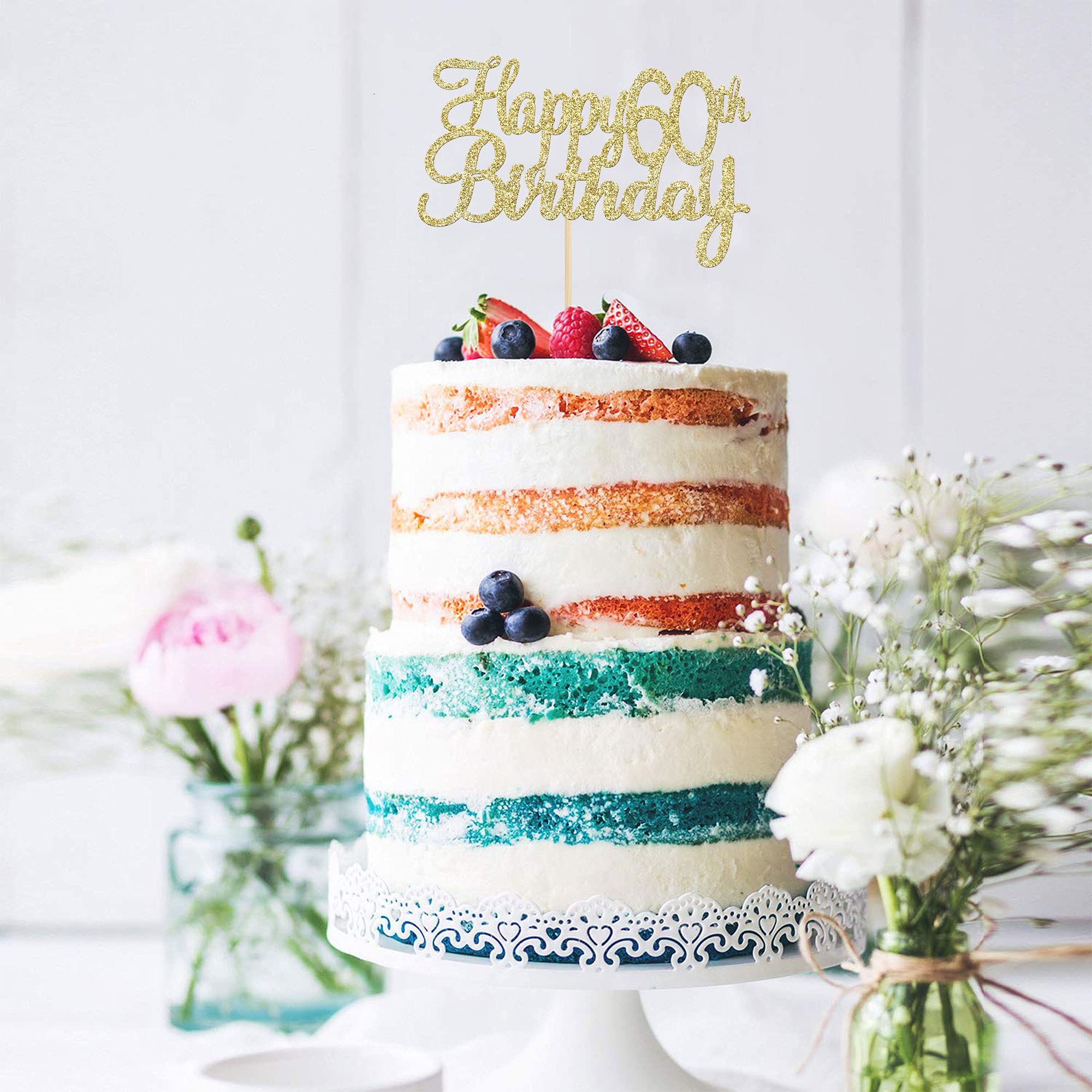 Gyufise 1 Pack Happy 60th Birthday Cake Topper – Gold Glitter for 60th Birthday & Anniversary