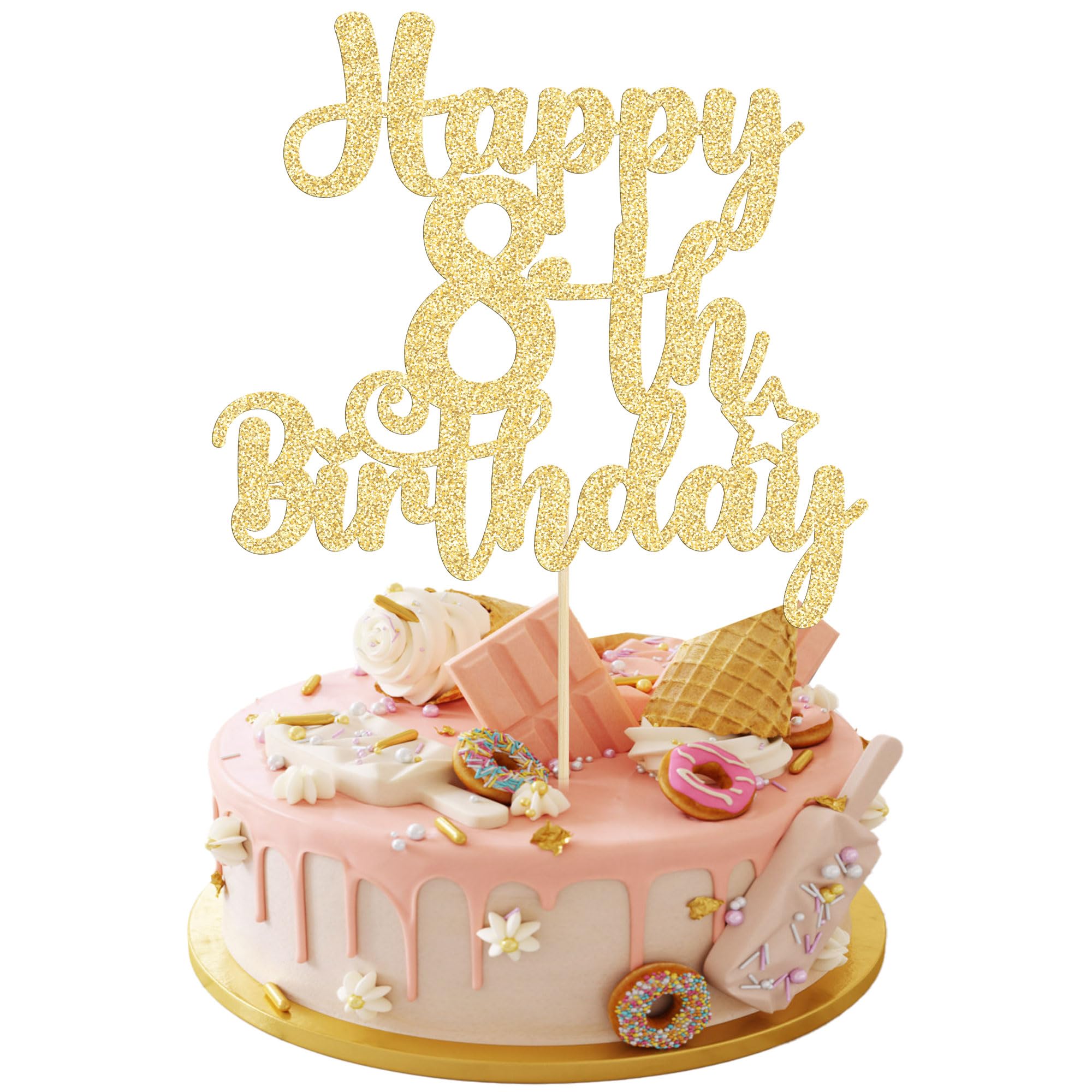 Gyufise Happy 8th Birthday Cake Topper – Glitter Gold, 8 & Fabulous, Cheers to 8 Years