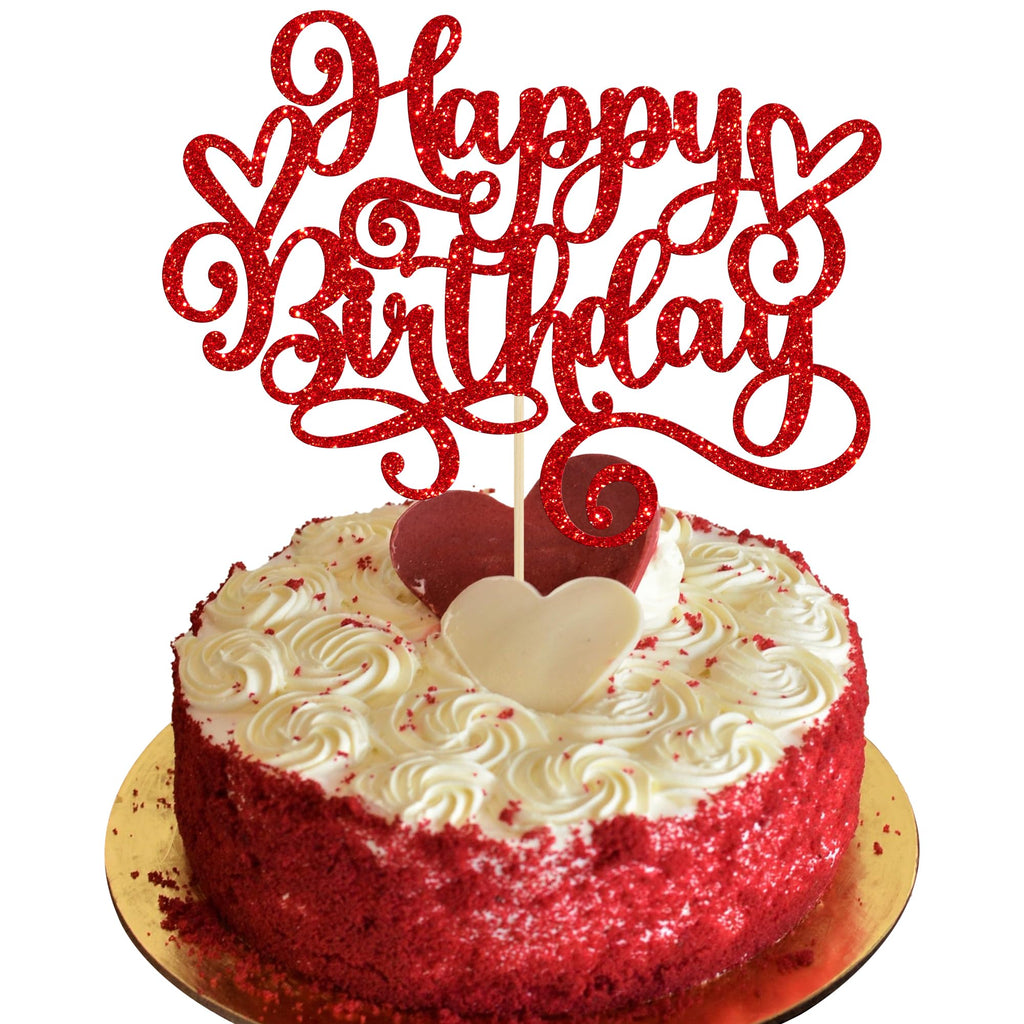 Gyufise Happy Birthday Cake Topper – Red Glitter Cake Pick, 1 Pcs