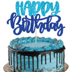 Gyufise Happy Birthday Cake Topper Glitter Blue - 1 Piece Cake Decoration Pick