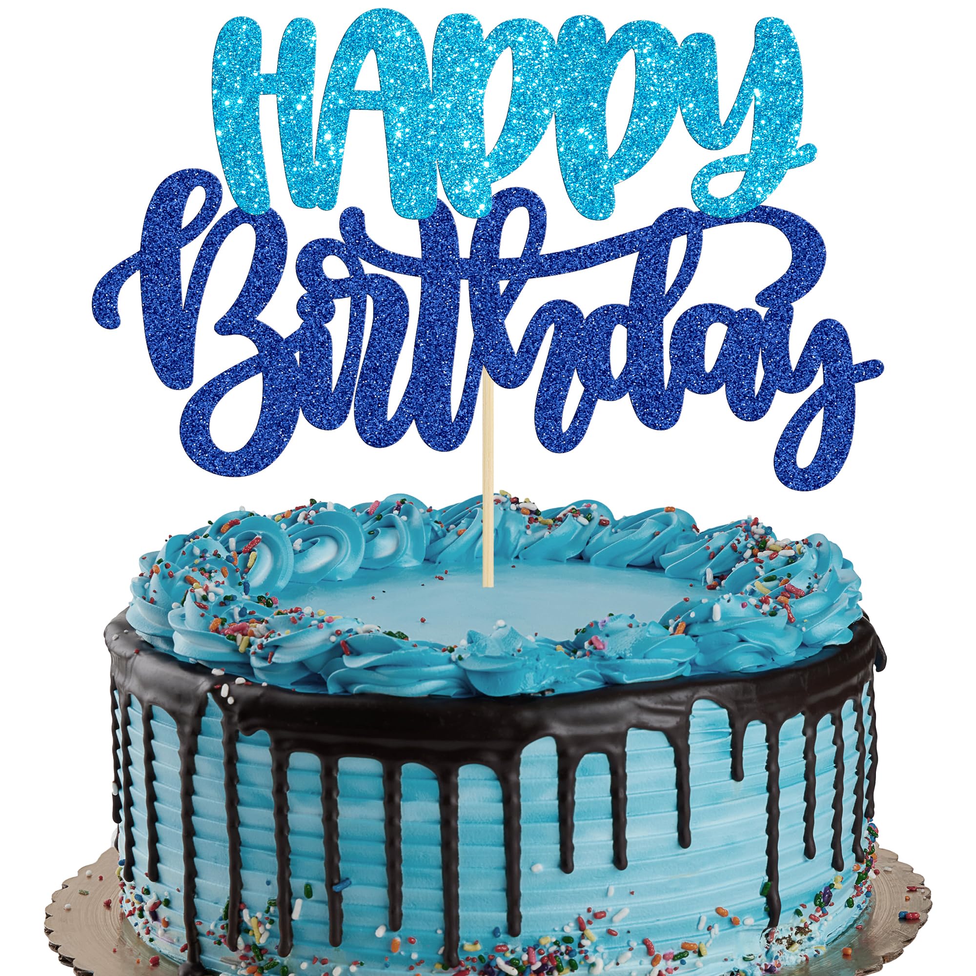 Gyufise Happy Birthday Cake Topper Glitter Blue - 1 Piece Cake Decoration Pick