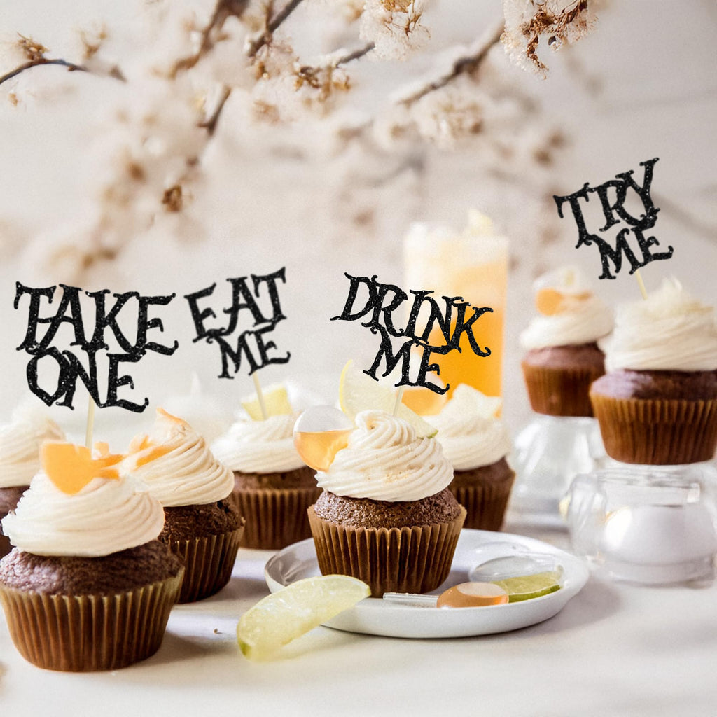 Gyufise 24Pcs Alice in Wonderland Cupcake Toppers – Take One Eat Me Paper Picks for Fairy Tale Party Decor