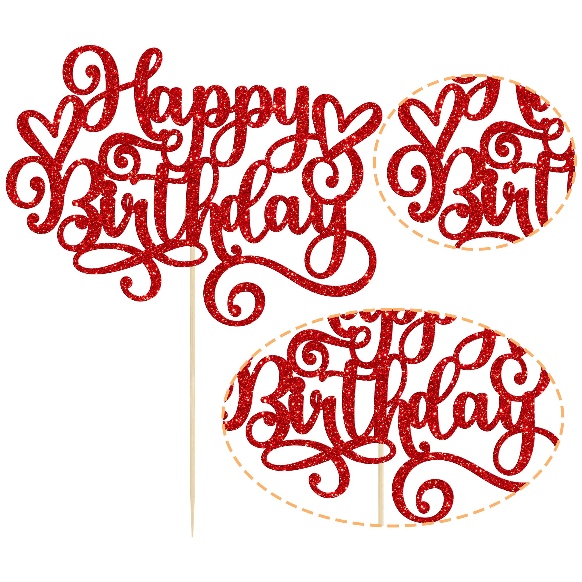 Gyufise Happy Birthday Cake Topper – Red Glitter Cake Pick, 1 Pcs