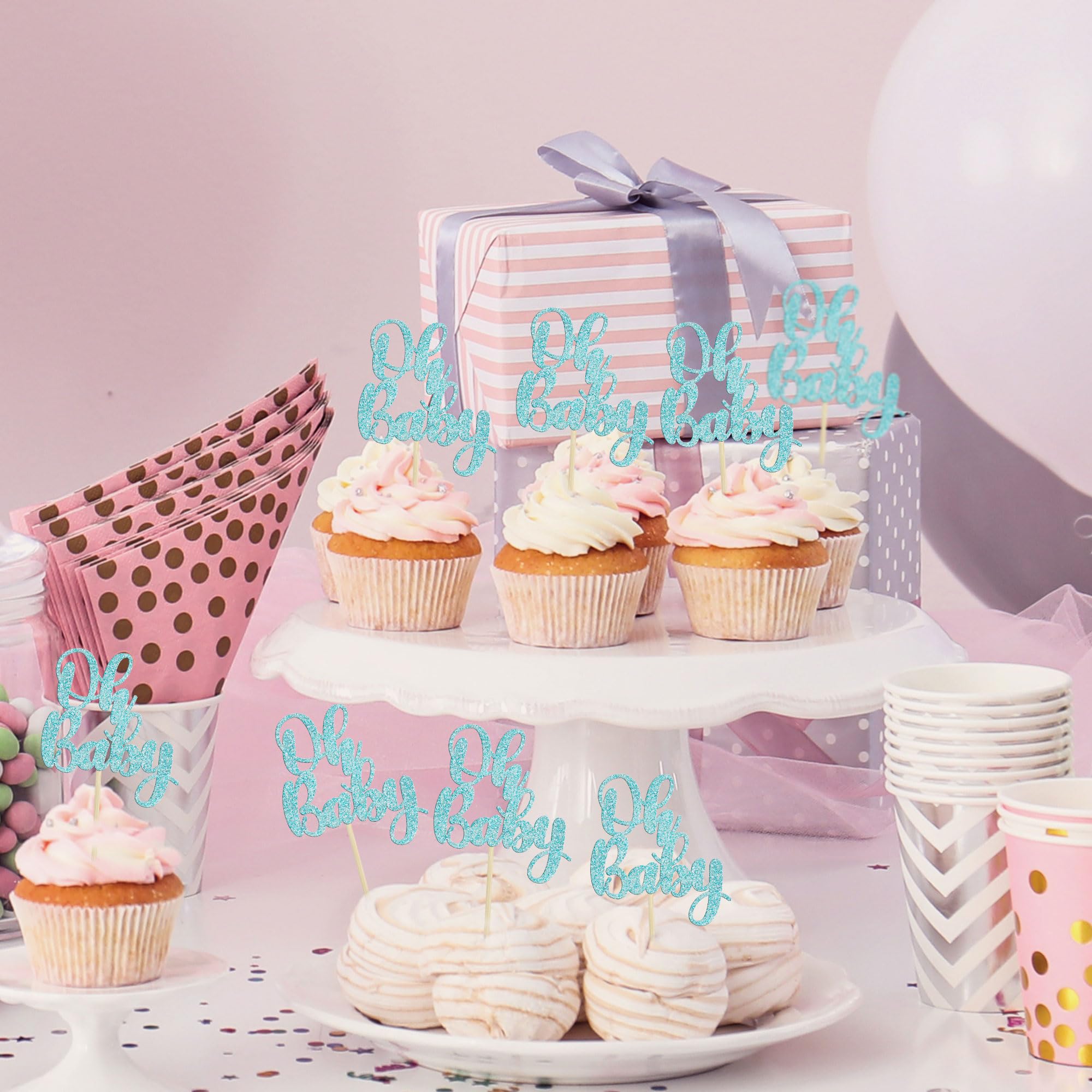 Gyufise 36Pcs Oh Baby Glitter Cupcake Toppers – Light Blue Baby Shower Picks