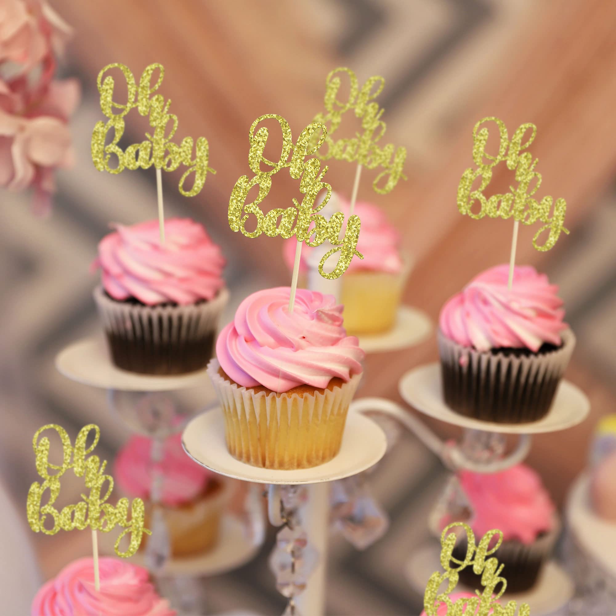 Gyufise 36 Pack Oh Baby Cupcake Toppers – Glitter Gold Cake Decorations for Baby Shower & Birthday
