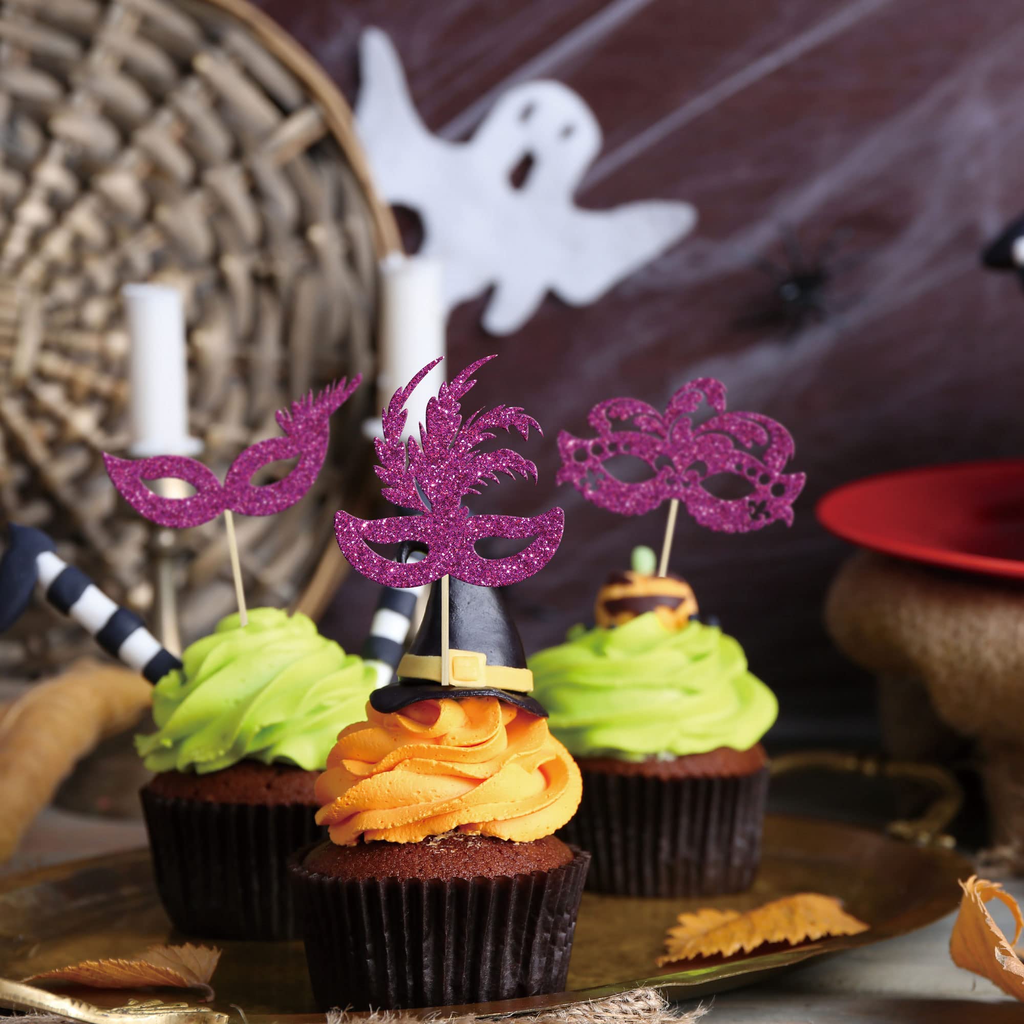Gyufise 24Pcs Masquerade Masks Cupcake Toppers – Purple Glitter Party Decor