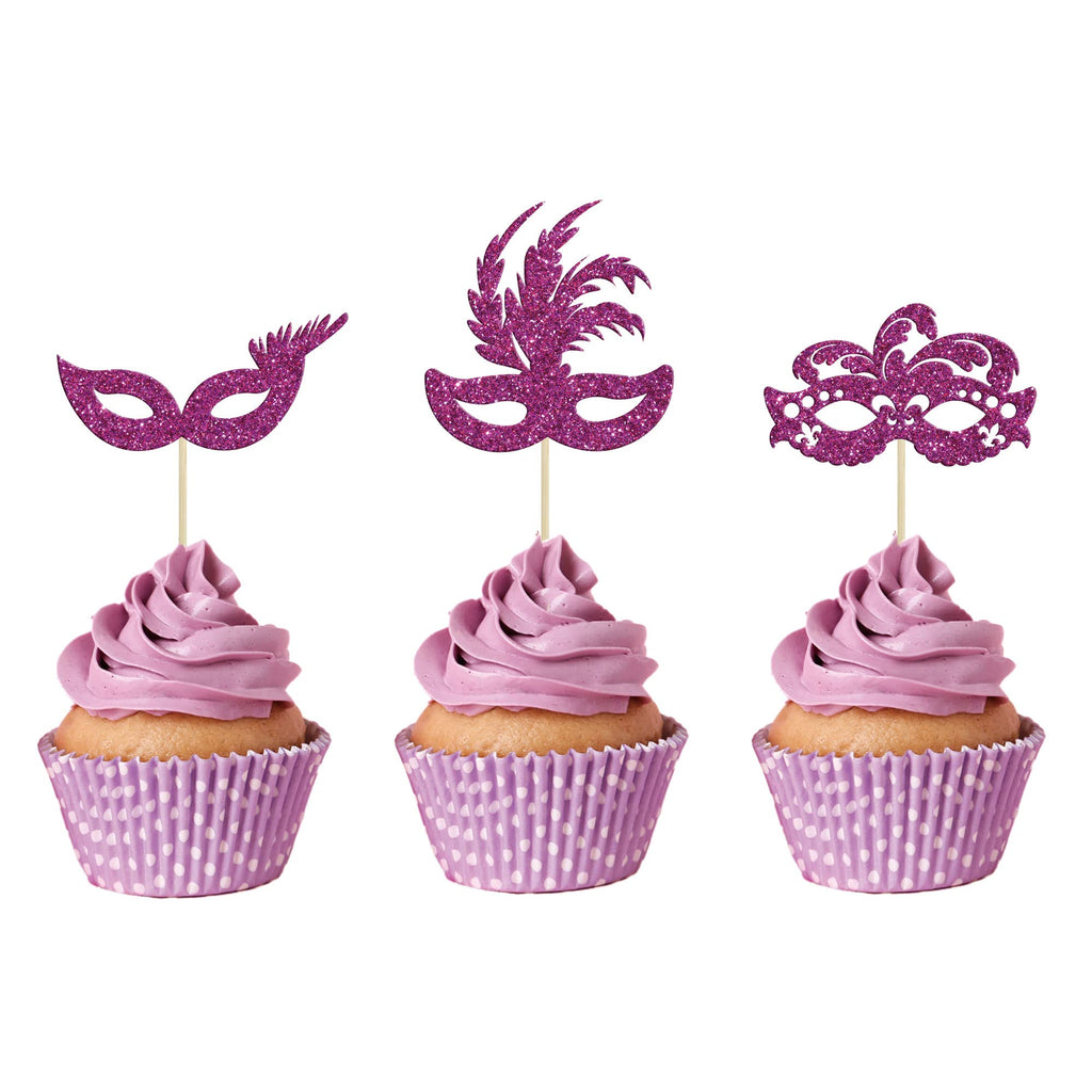 Gyufise 24Pcs Masquerade Masks Cupcake Toppers – Purple Glitter Party Decor