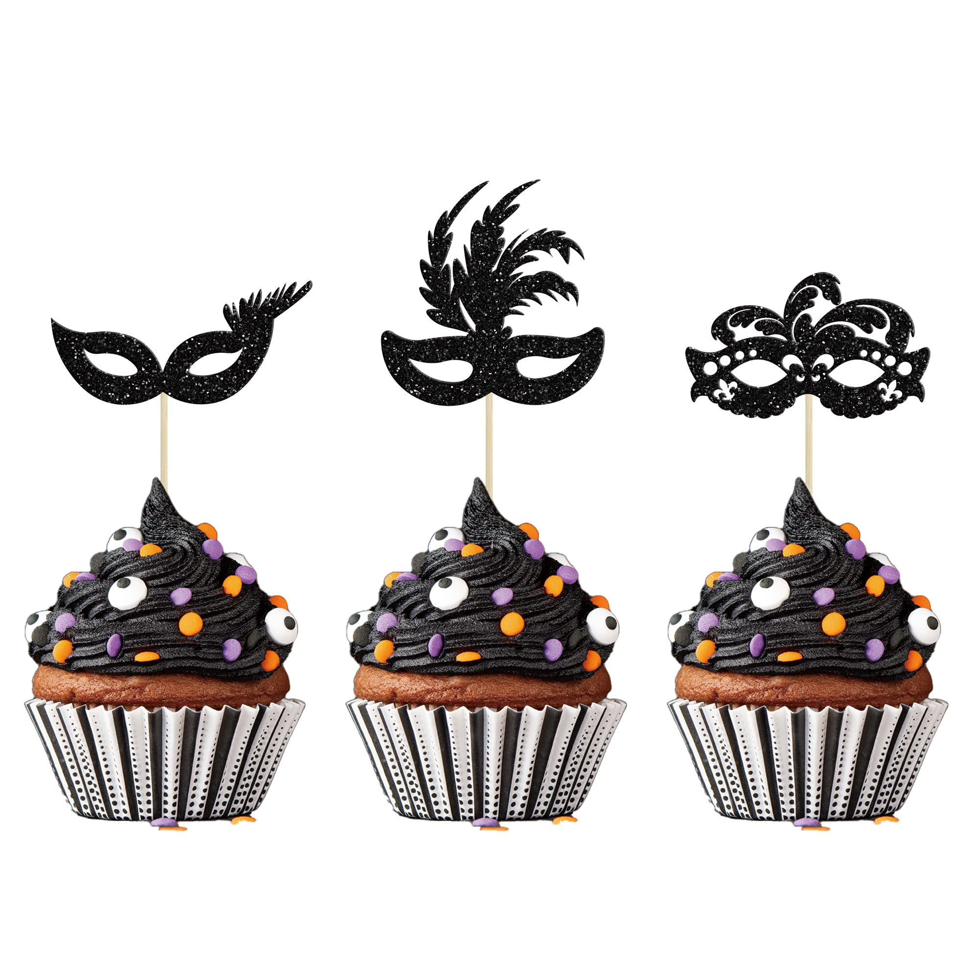 Gyufise 24Pcs Masquerade Masks Cupcake Toppers – Glitter Party Picks for Cakes & Desserts
