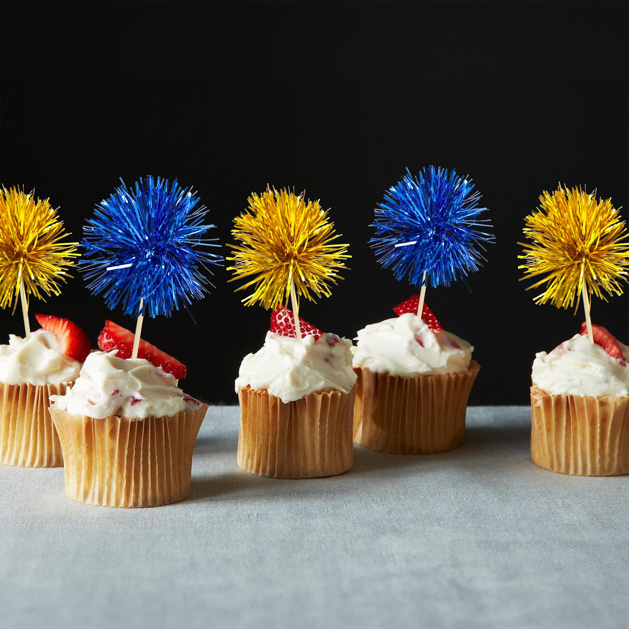 Gyufise 30Pcs Foil Firework Cupcake Toppers – Gold & Dark Blue Sparkle Tinsel Cake Picks