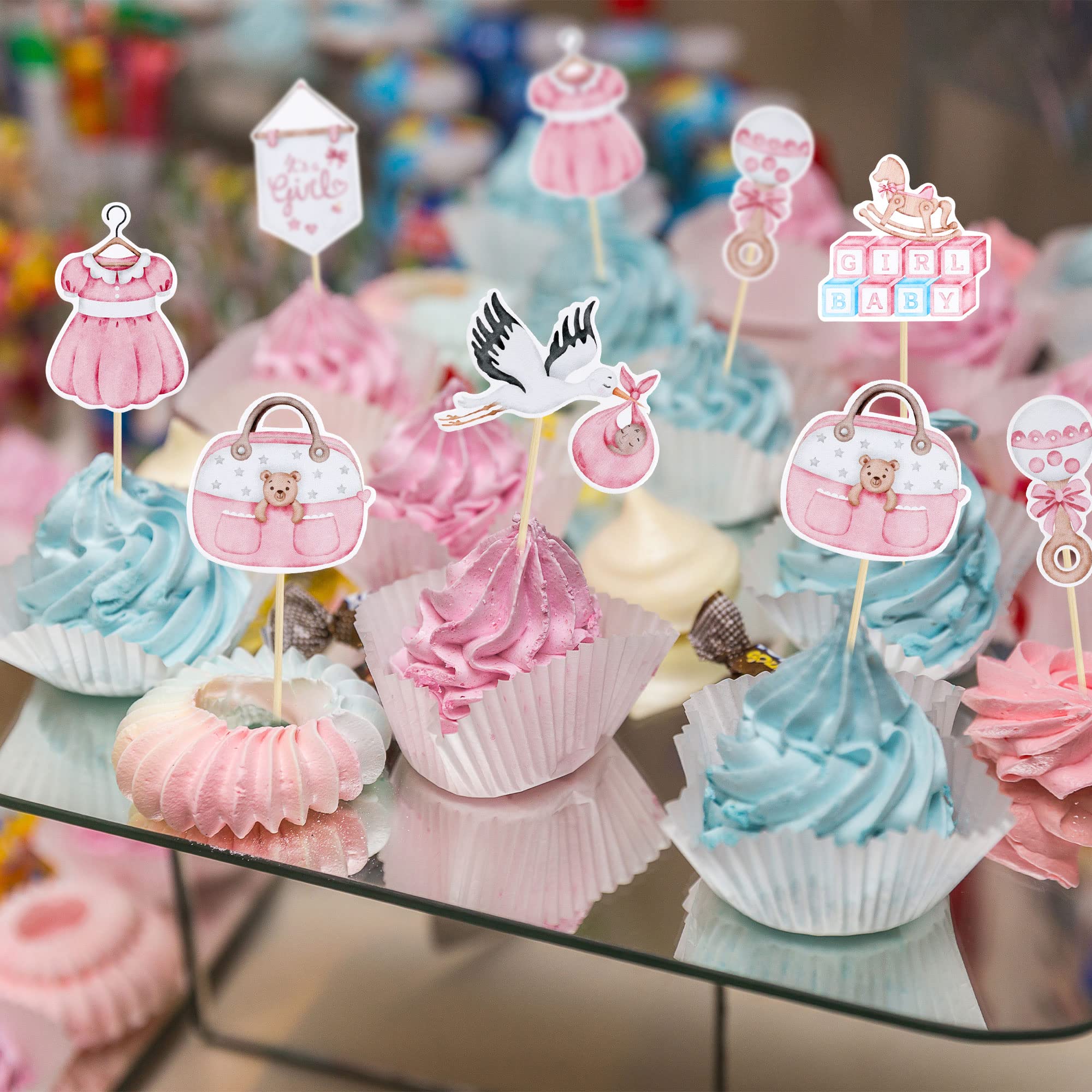 Gyufise 36Pcs Baby Shower Cupcake Toppers – Swan Pacifier Cloud Moon Star Pink