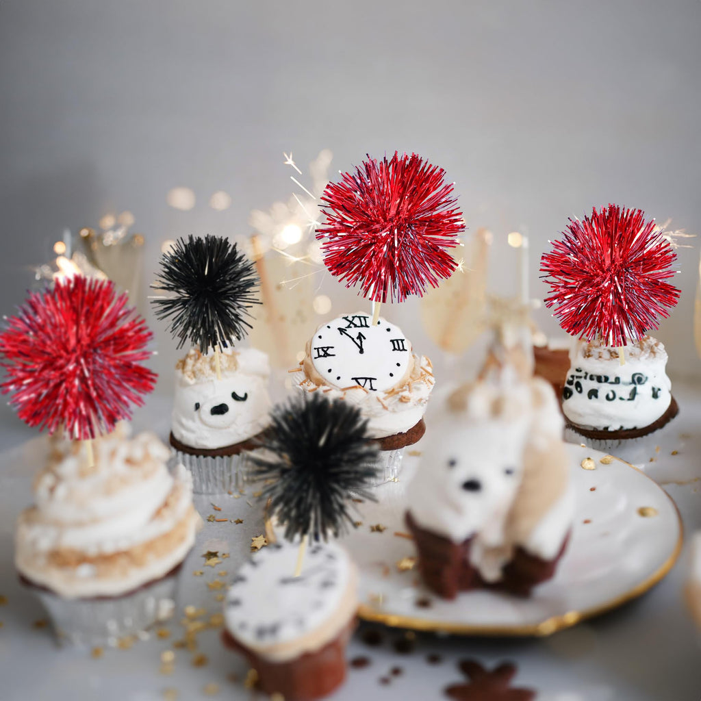 Gyufise 30Pcs Foil Firework Cupcake Toppers – Sparkle Tinsel Cake Picks for Parties