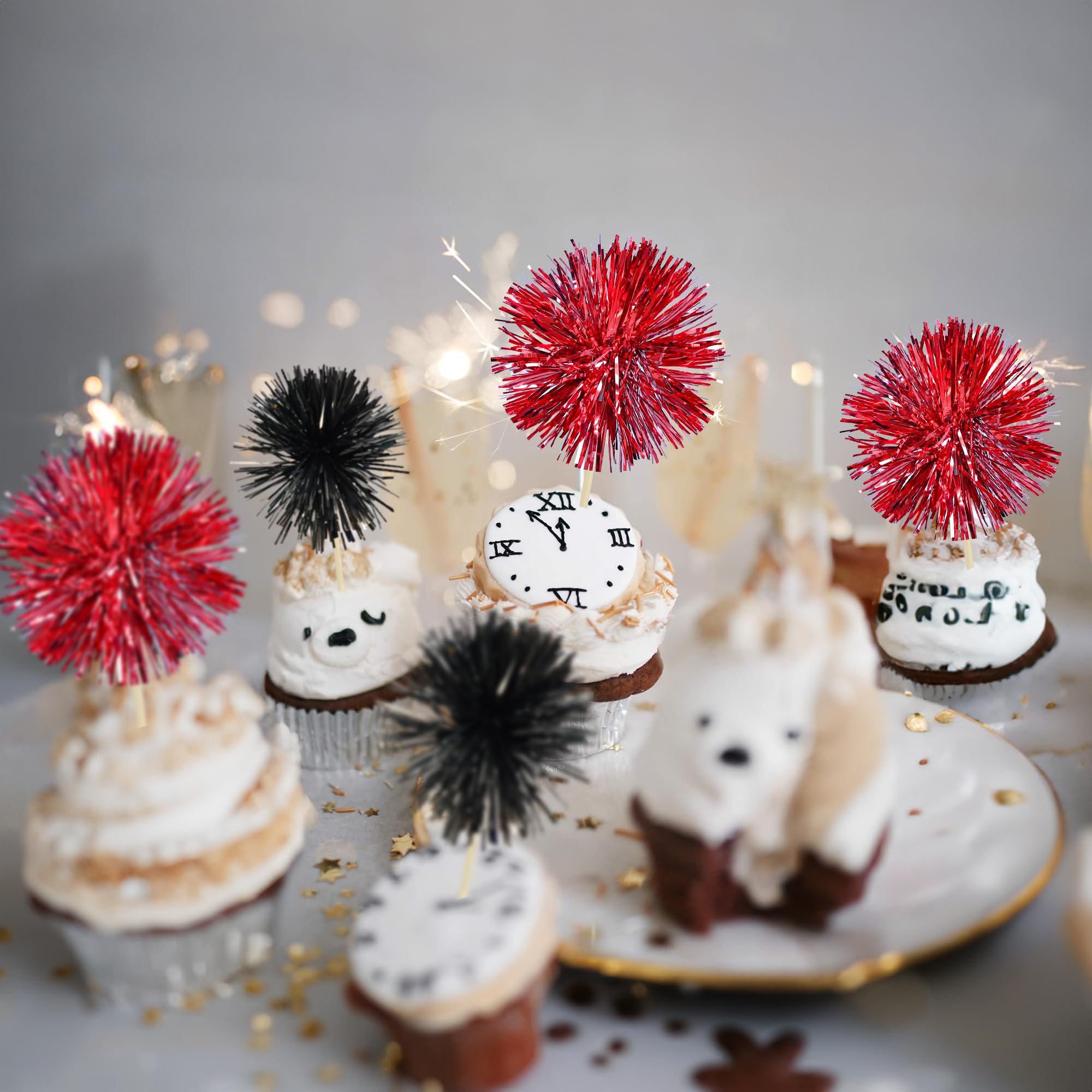 Gyufise 30Pcs Foil Firework Cupcake Toppers – Sparkle Tinsel Cake Picks for Parties