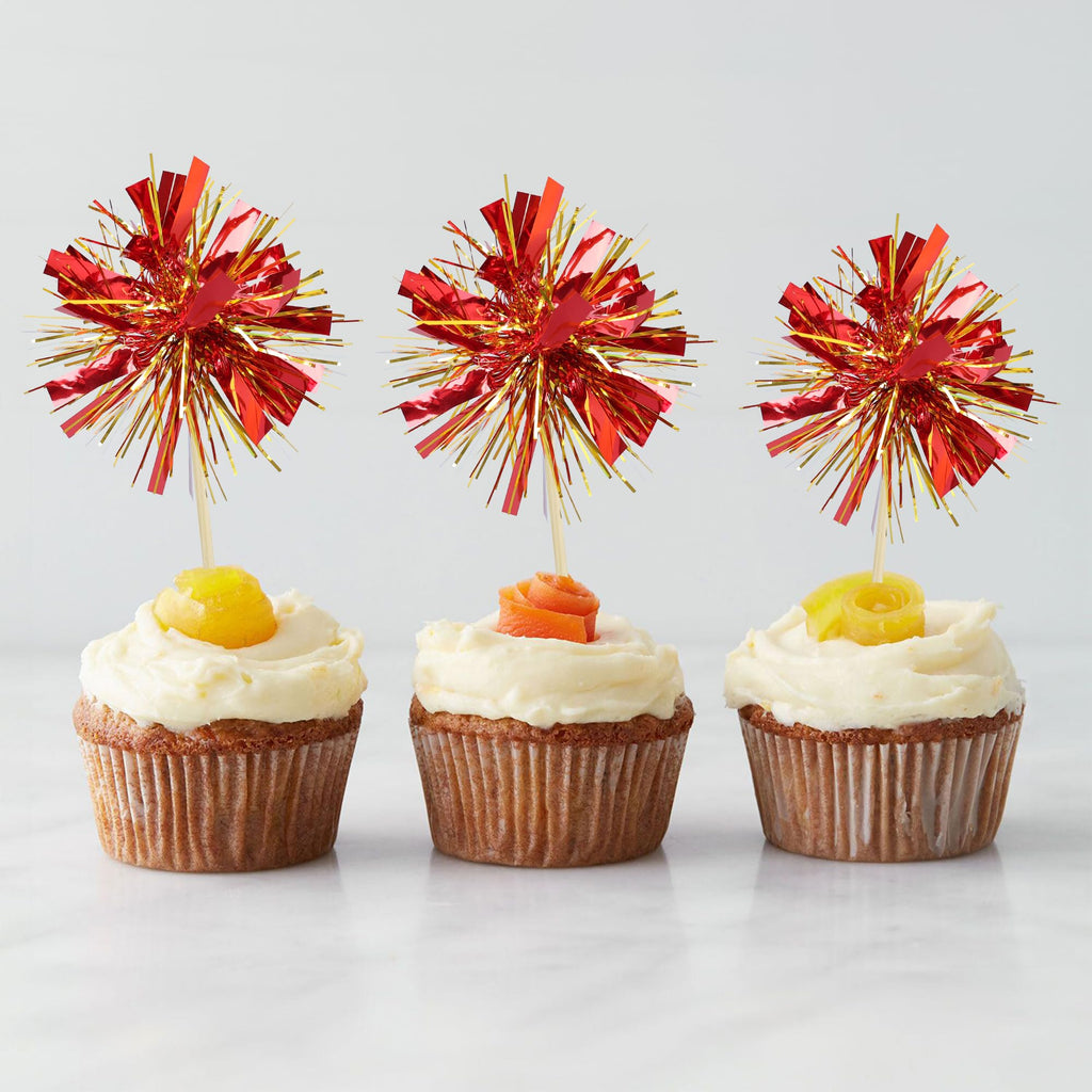 Gyufise 30Pcs Foil Firework Cupcake Toppers – Sparkle Gold & Red Tinsel Cake Picks