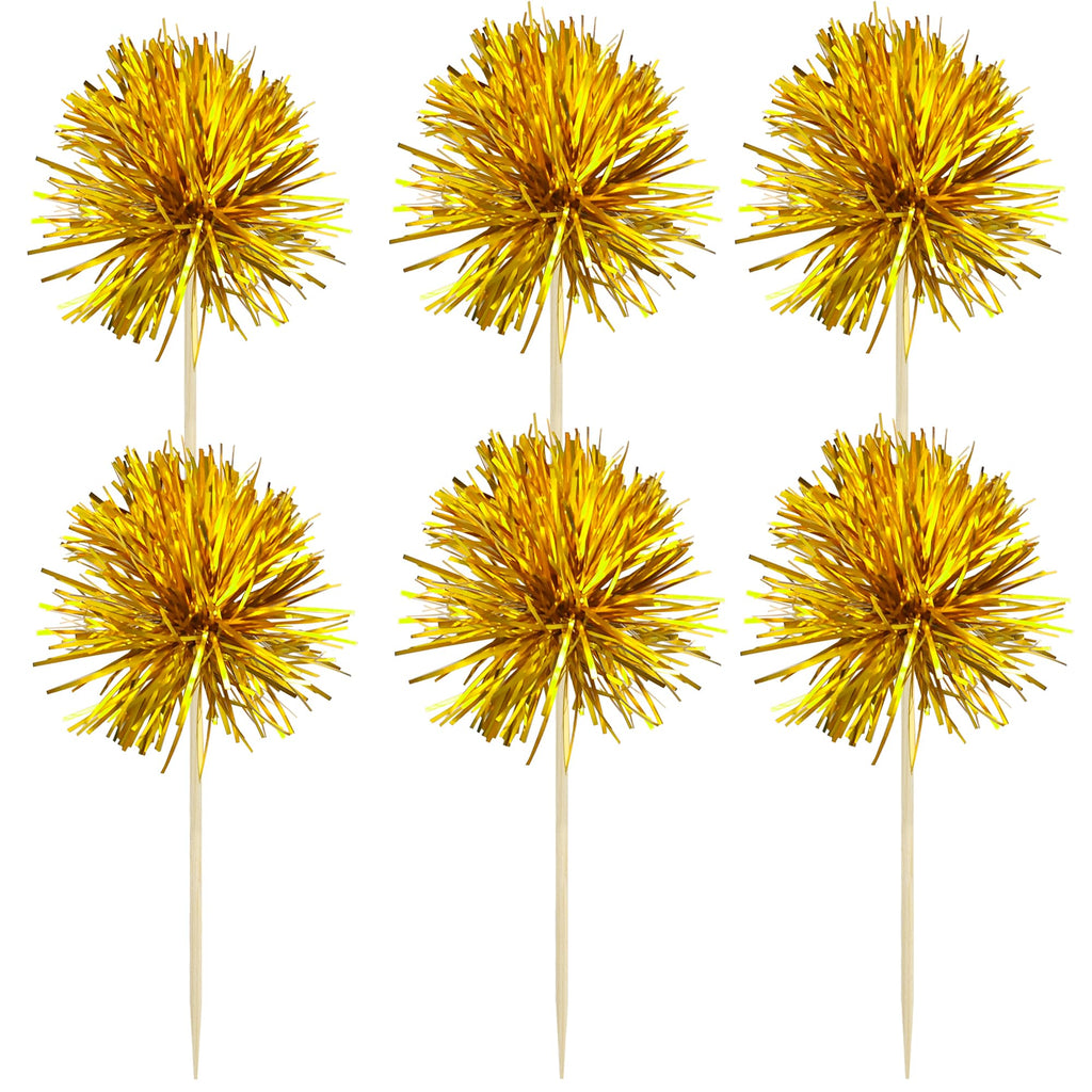 Gyufise 30Pcs Foil Firework Cupcake Toppers in Dark Gold – Sparkle Tinsel Cake Decorations