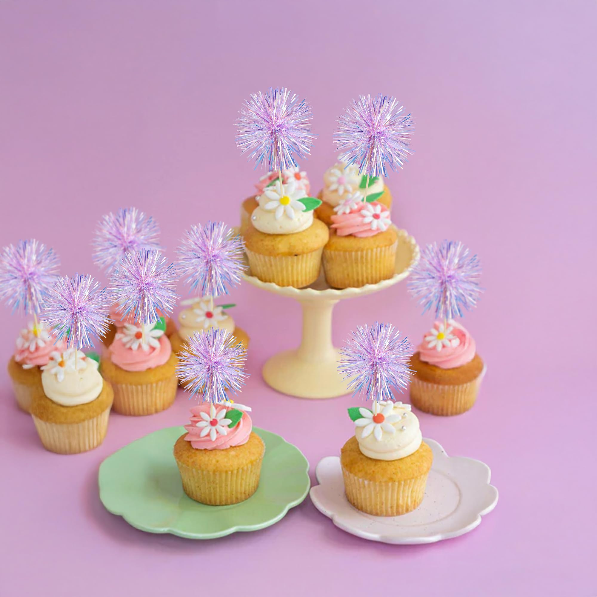 Gyufise 30Pcs Foil Firework Cupcake Toppers – Laser Purple Sparkle