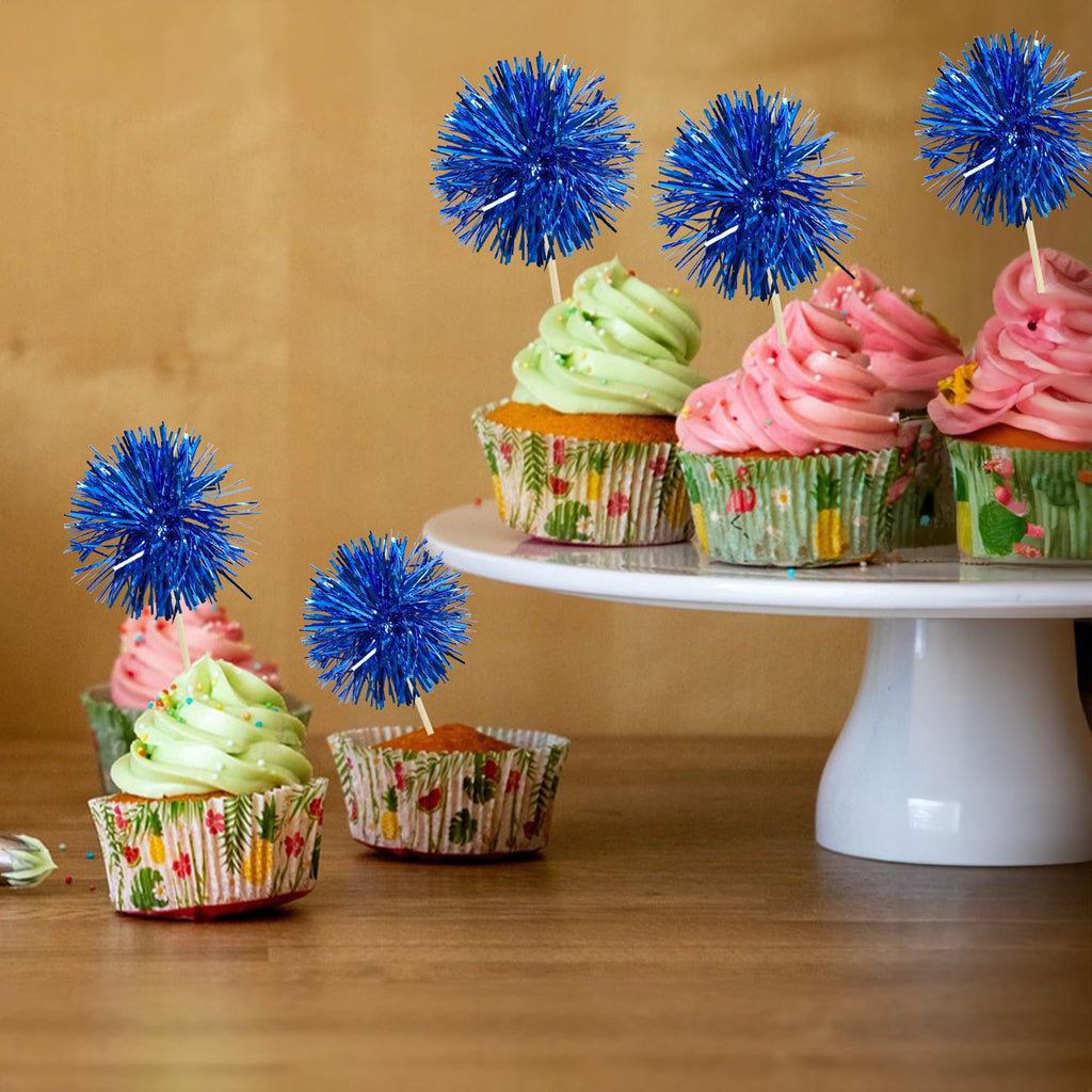 Gyufise 30Pcs Foil Firework Cupcake Toppers - Sparkle Tinsel Cake Decor (Dark Blue)