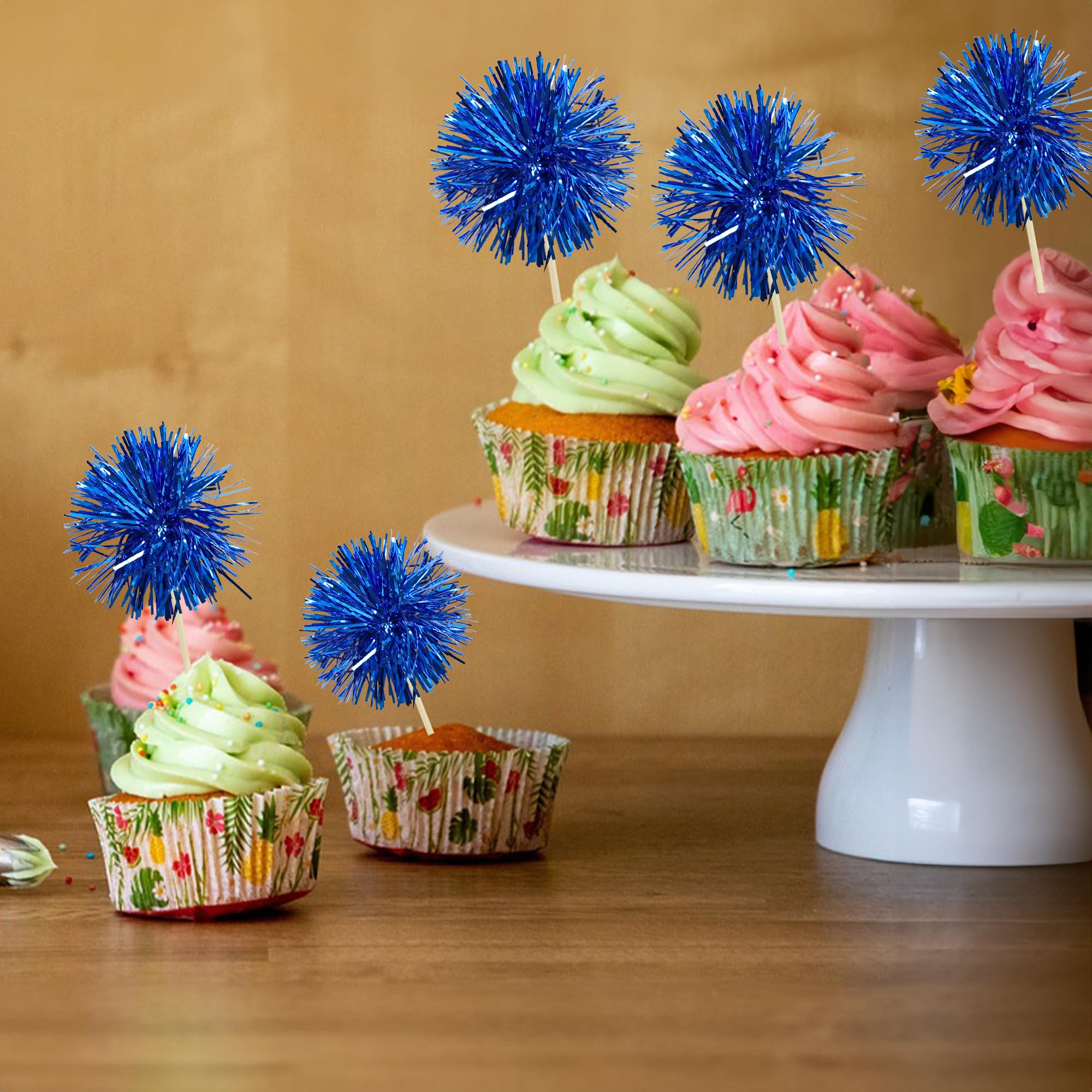 Gyufise 30Pcs Foil Firework Cupcake Toppers - Sparkle Tinsel Cake Decor (Dark Blue)