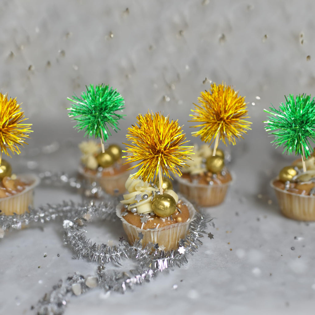 Gyufise 30Pcs Foil Firework Cupcake Toppers – Sparkle Gold & Green Party Picks