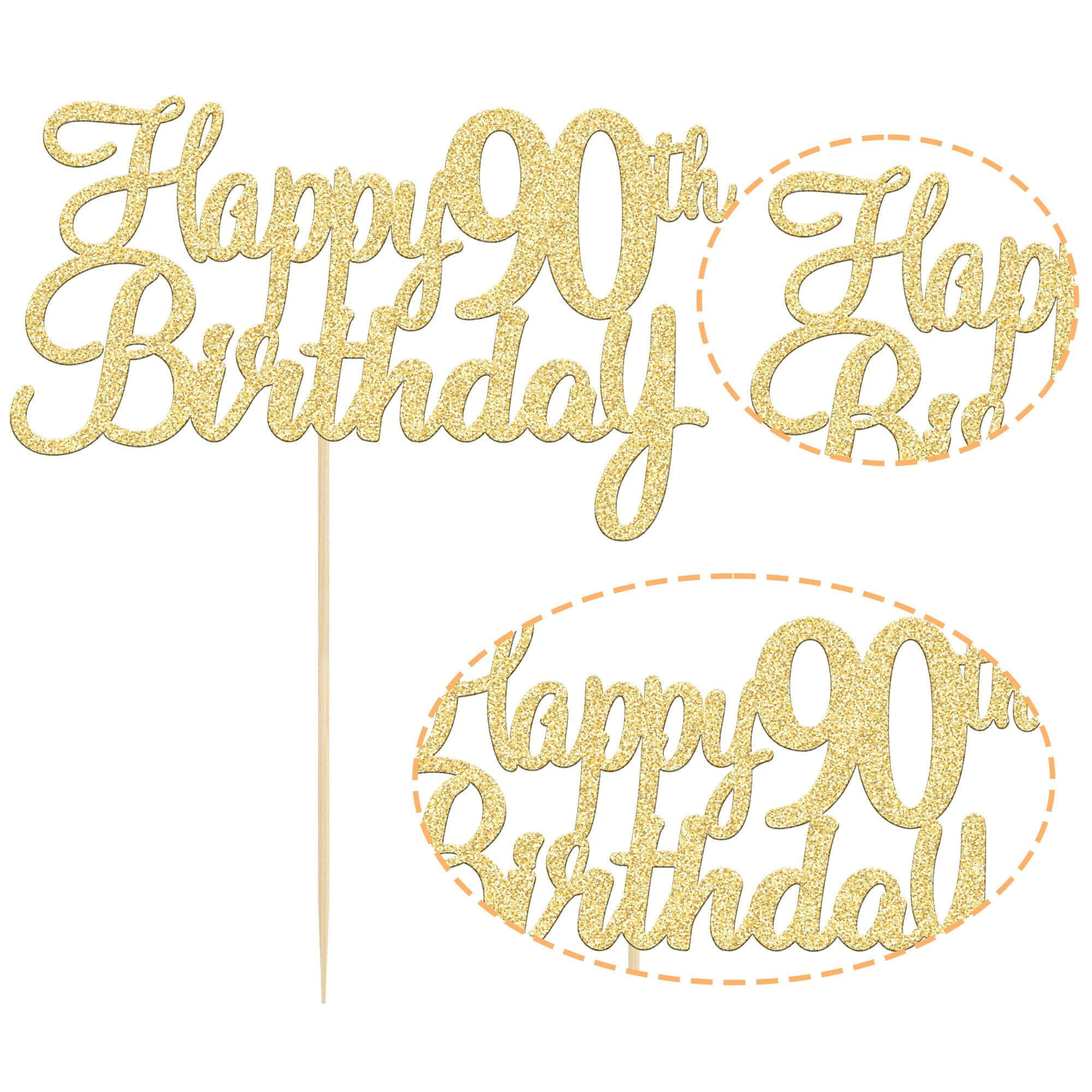Gyufise 1pc Happy 90th Birthday Cake Topper - Gold Glitter
