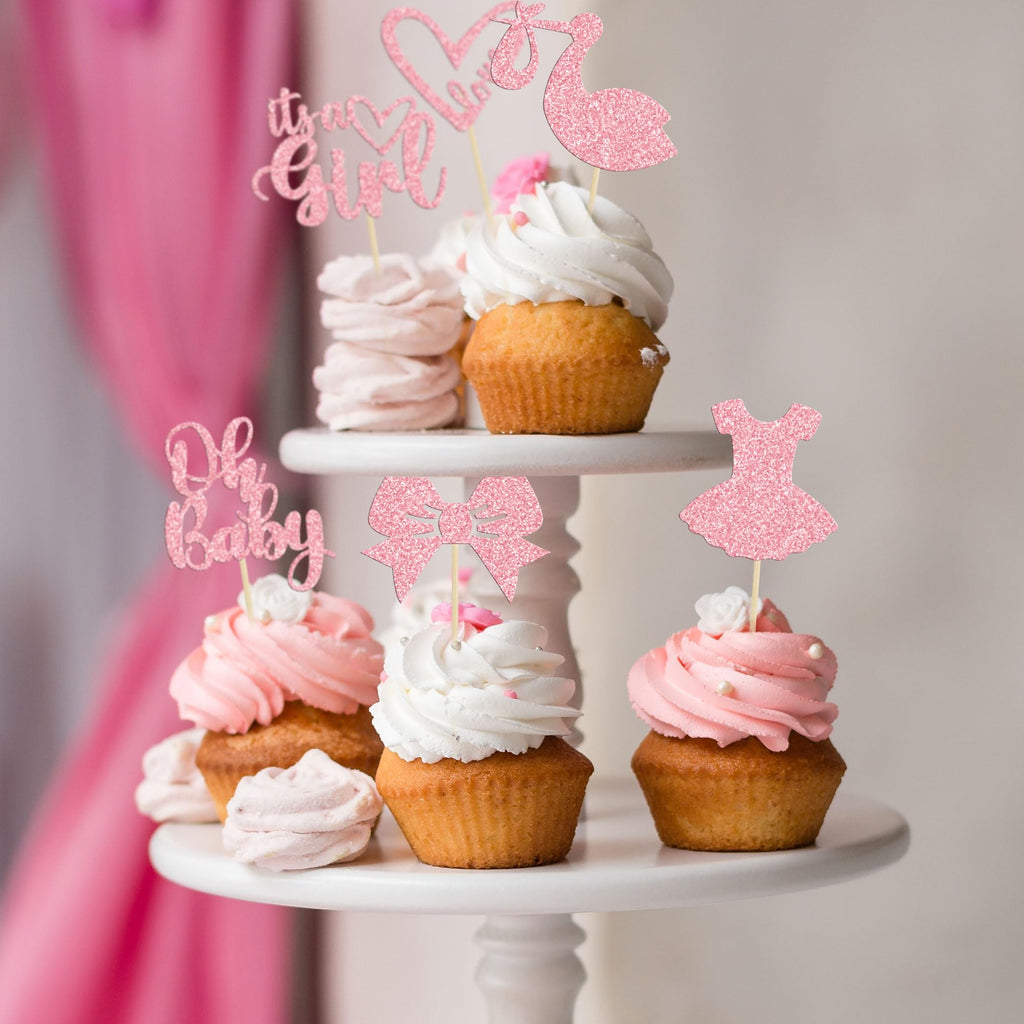 Gyufise 36-Pack Oh Baby Cupcake Toppers – Girl Theme Pink Glitter Cake Picks