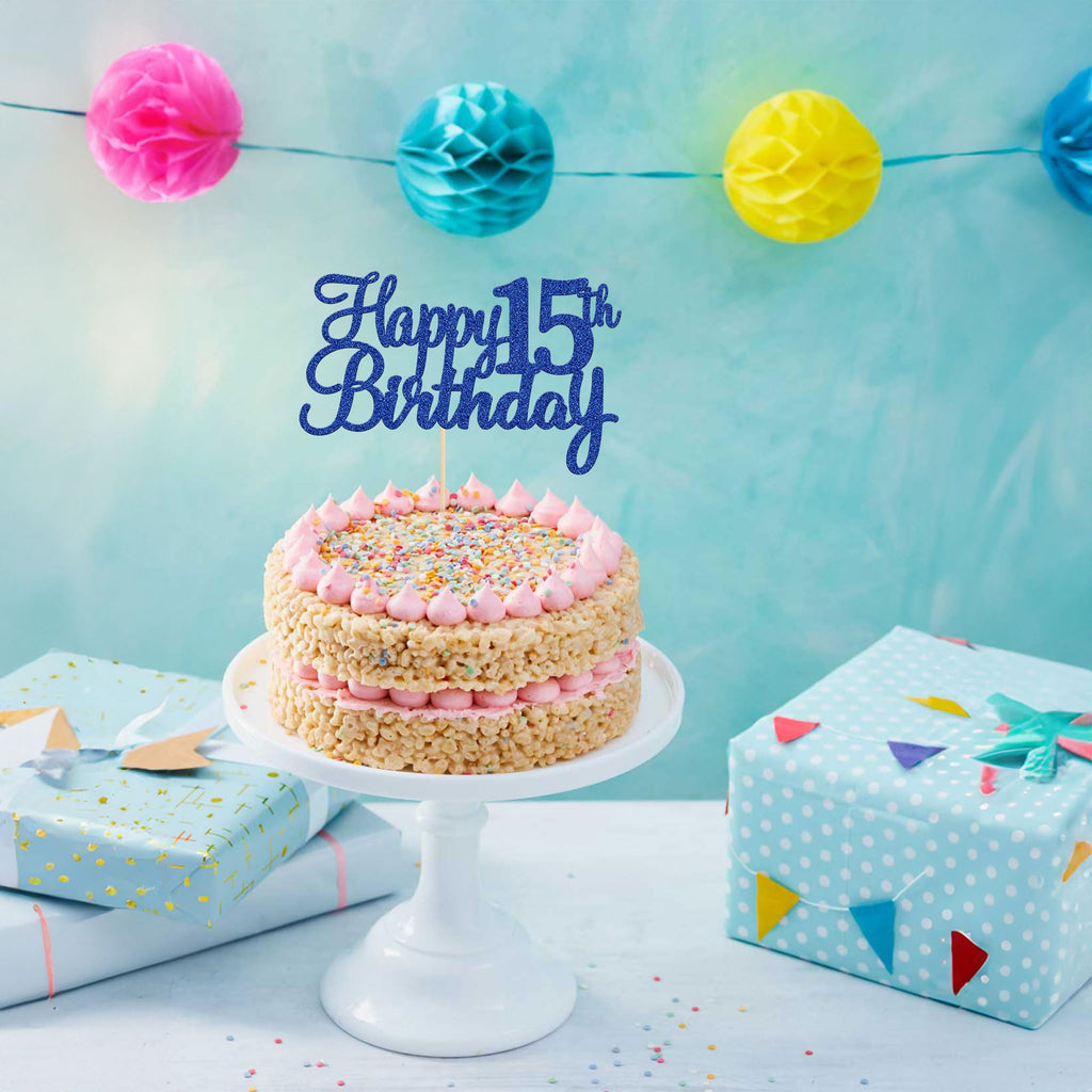 Gyufise Happy 15th Birthday Cake Topper – Blue Glitter, 1 Pc