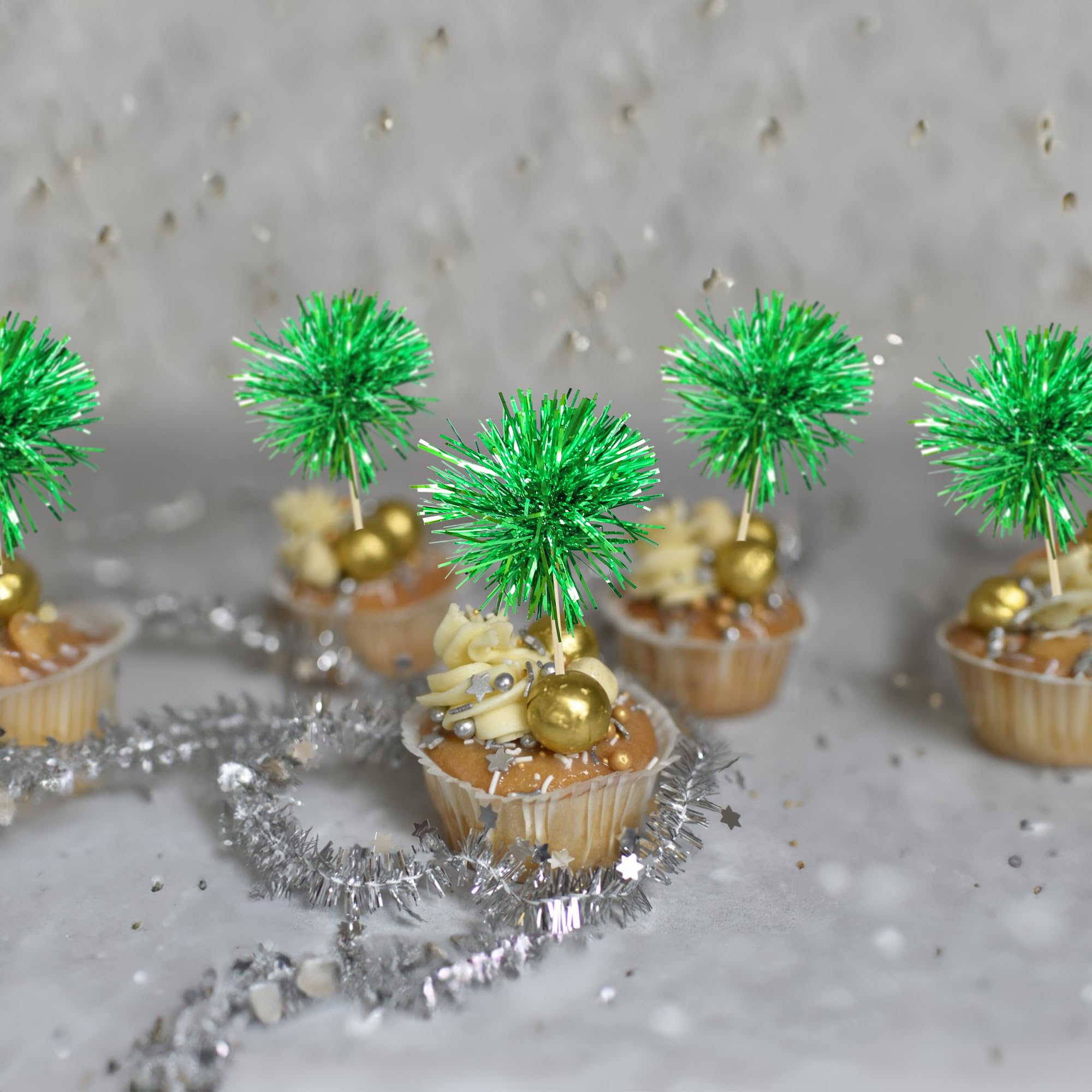 Gyufise 30Pcs Foil Firework Cupcake Toppers – Sparkle Tinsel Decorations, Dark Green