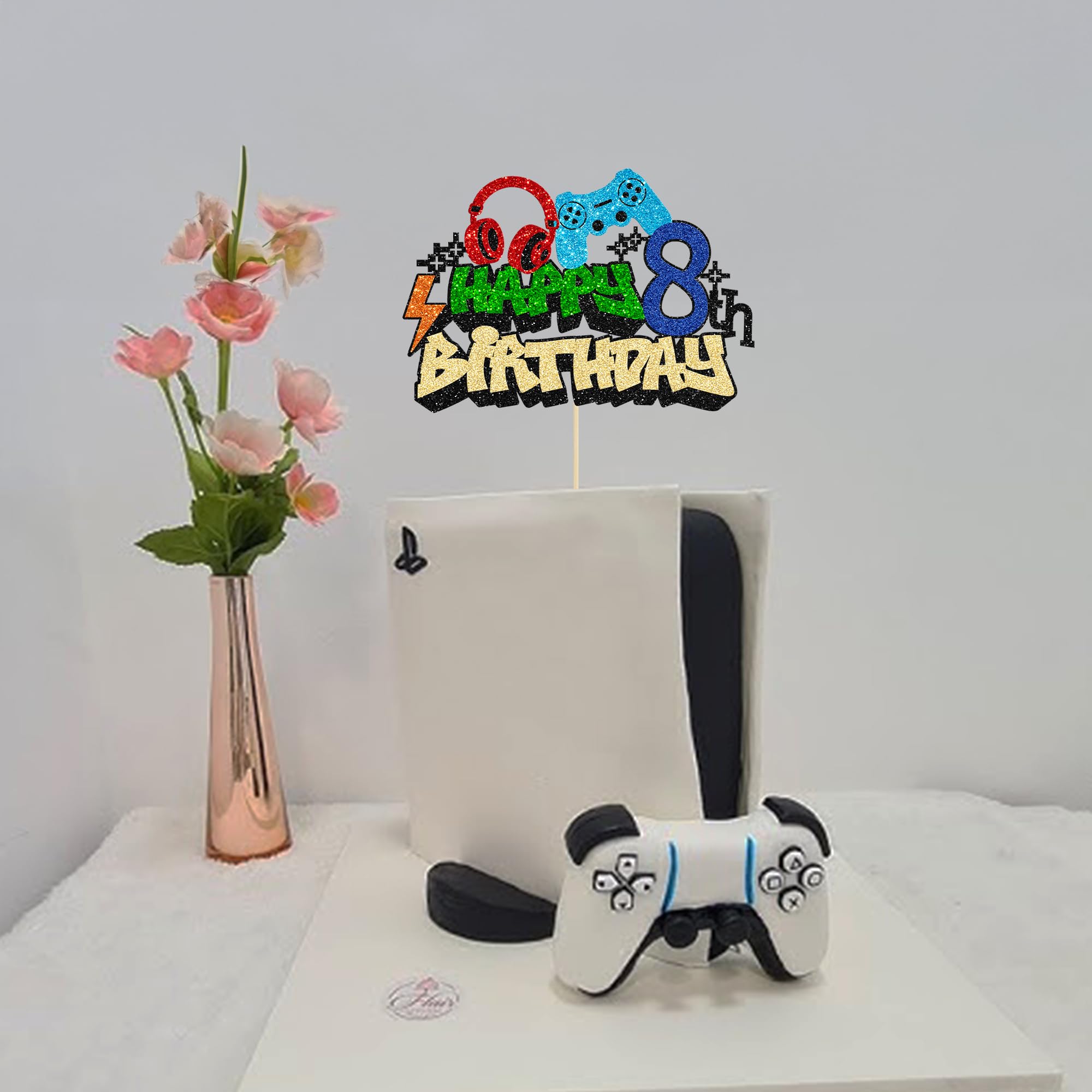Gyufise 8th Birthday Video Game Cake Topper – Glitter Controllers for Boys Party Decor