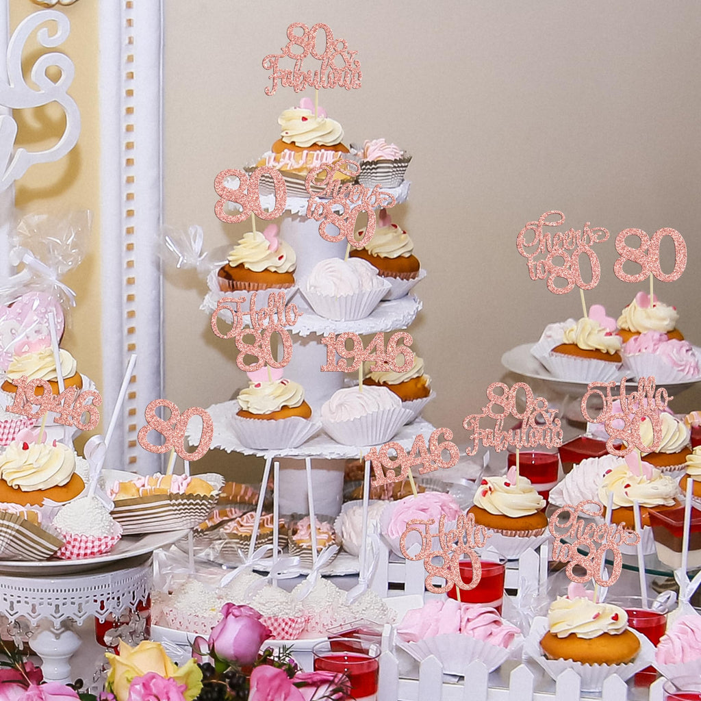Gyufise 30 Pcs 80th Birthday Cupcake Toppers – Rose Gold Cake Decorations for 80th Birthday & Anniversary