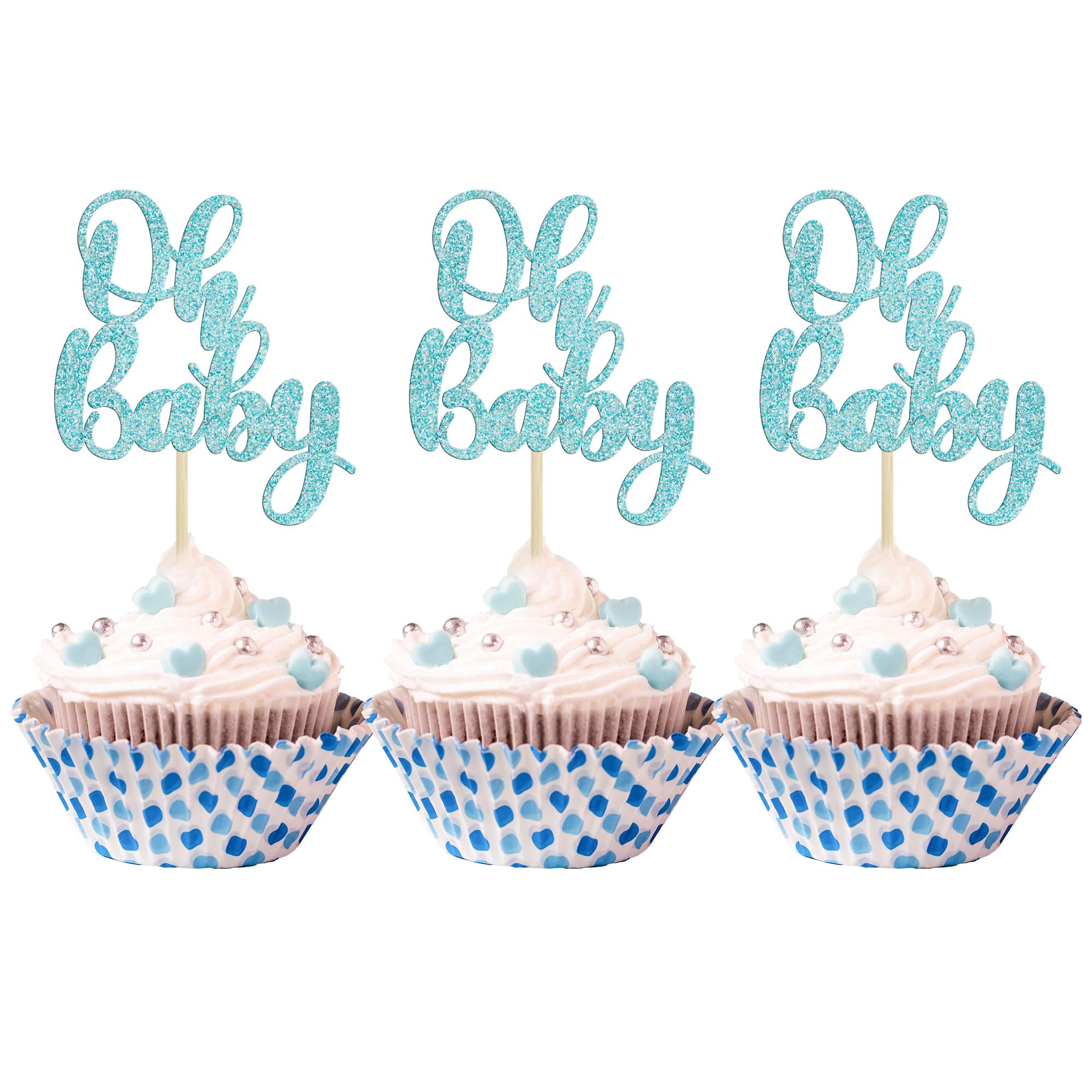 Gyufise 36Pcs Oh Baby Glitter Cupcake Toppers – Light Blue Baby Shower Picks
