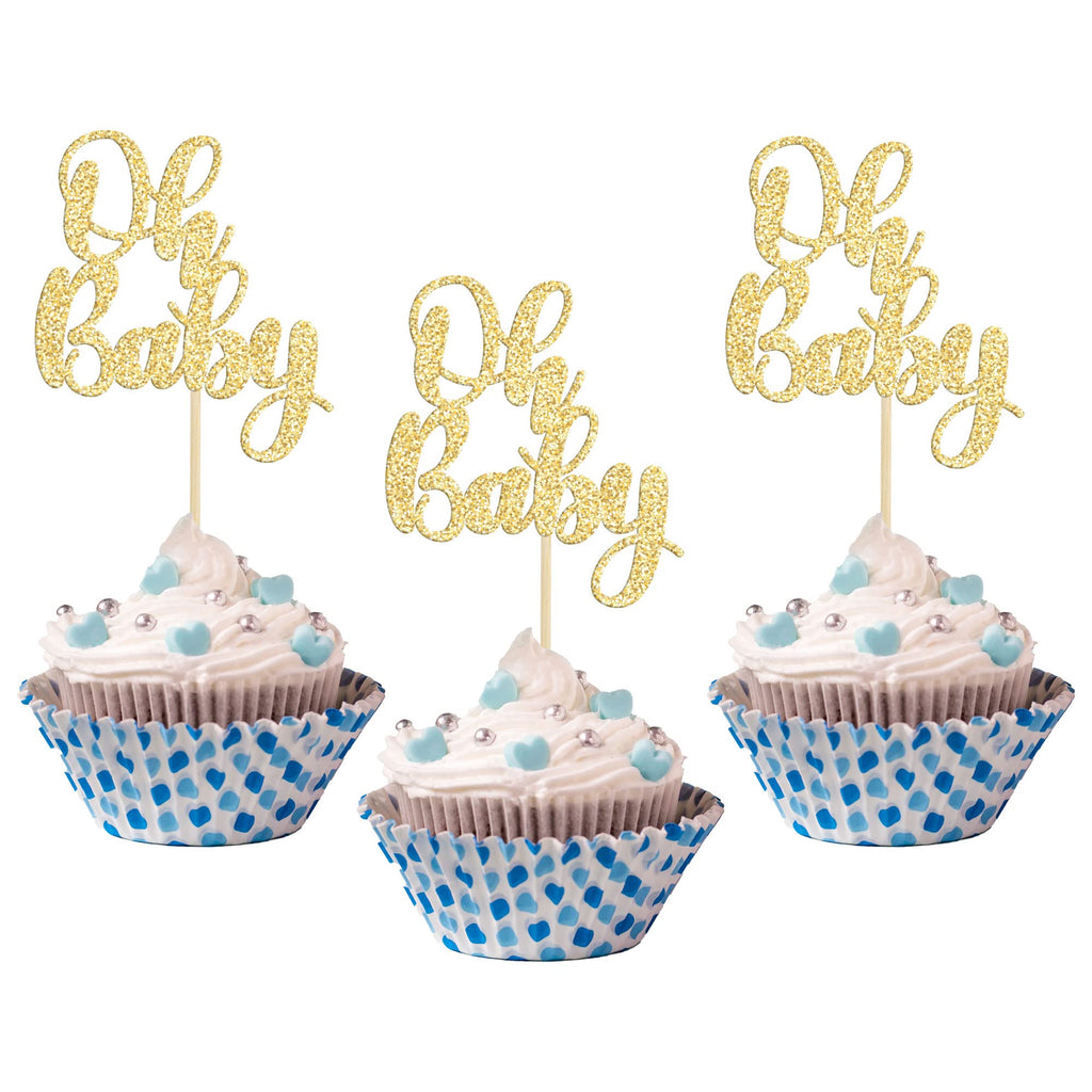Gyufise 36 Pack Oh Baby Cupcake Toppers – Glitter Gold Cake Decorations for Baby Shower & Birthday
