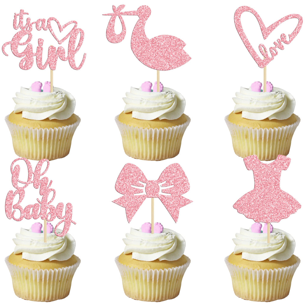 Gyufise 36-Pack Oh Baby Cupcake Toppers – Girl Theme Pink Glitter Cake Picks